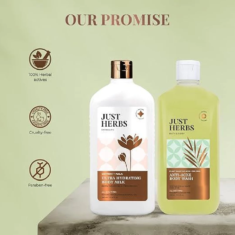 Just Herbs Saffron Malai Body Milk And Salicylic Body Wash, Acne Control Body Hydraclean Kit - Image 5