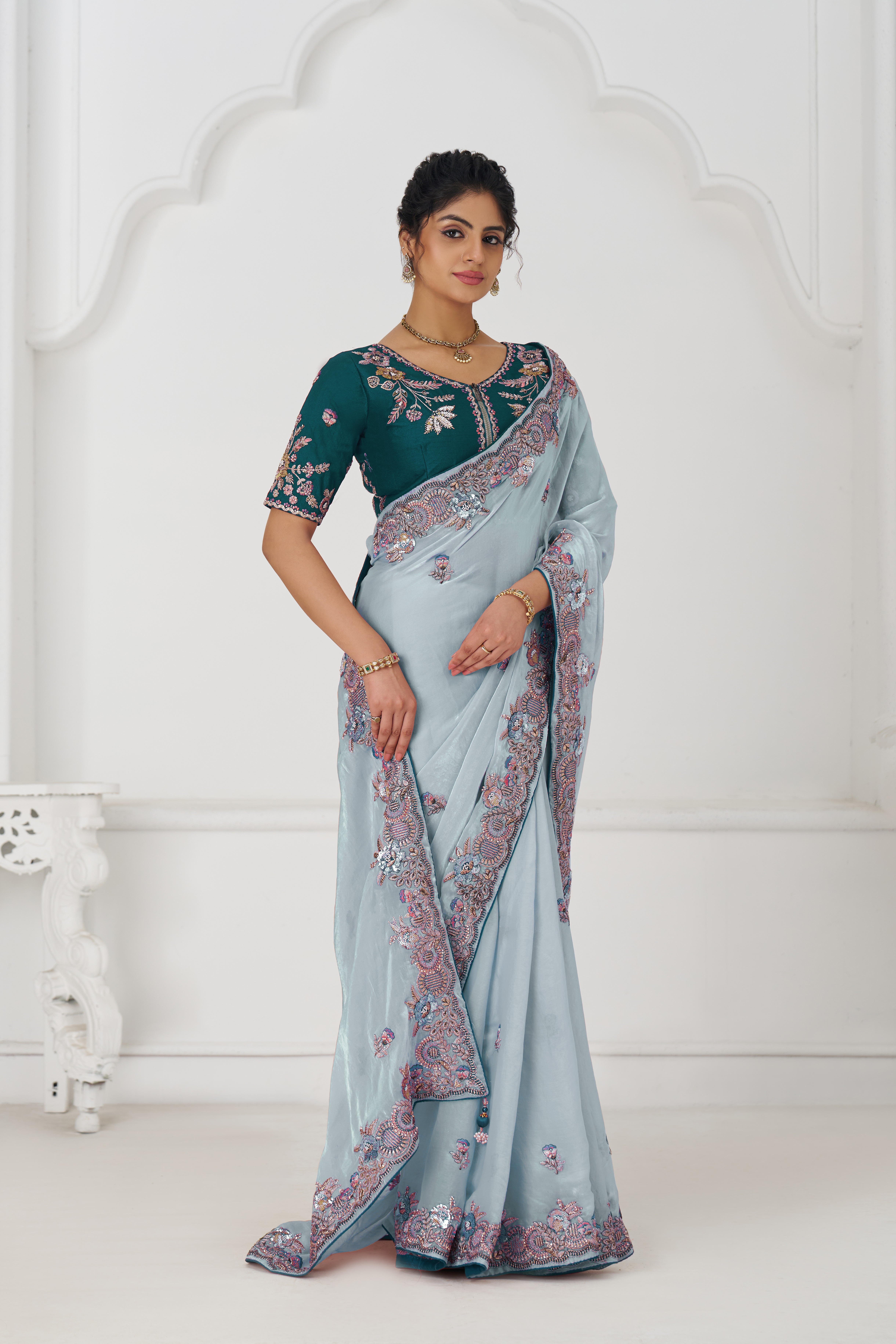 Kesar Fab Elegance Grey – Fendi Silk Saree with Zari & Sequins Kesar Fab Elegance Grey – Fendi Silk Saree with Zari & Sequins-Design No.-KF-113-GREY