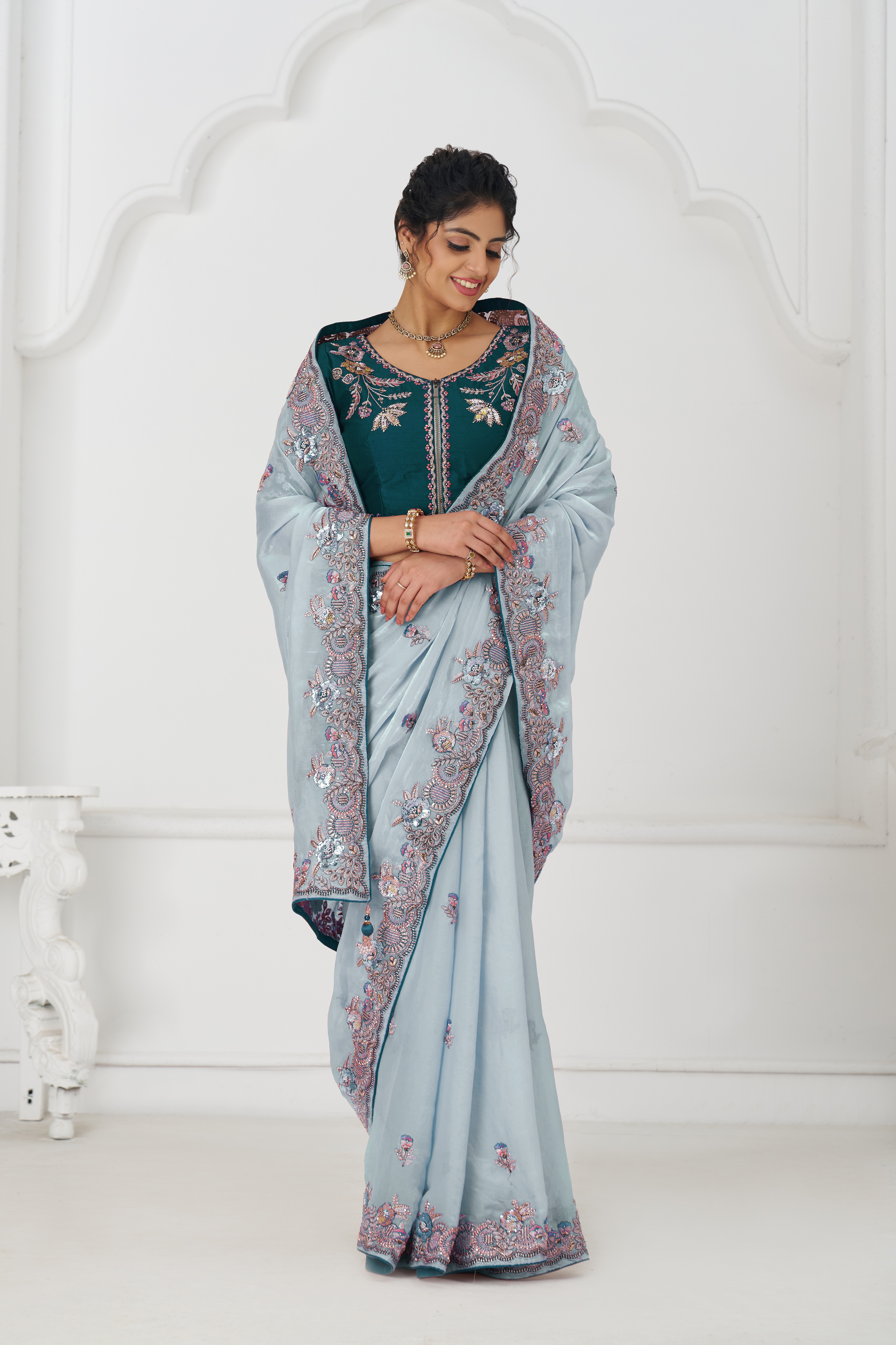 Kesar Fab Elegance Grey – Fendi Silk Saree with Zari & Sequins - Image 2