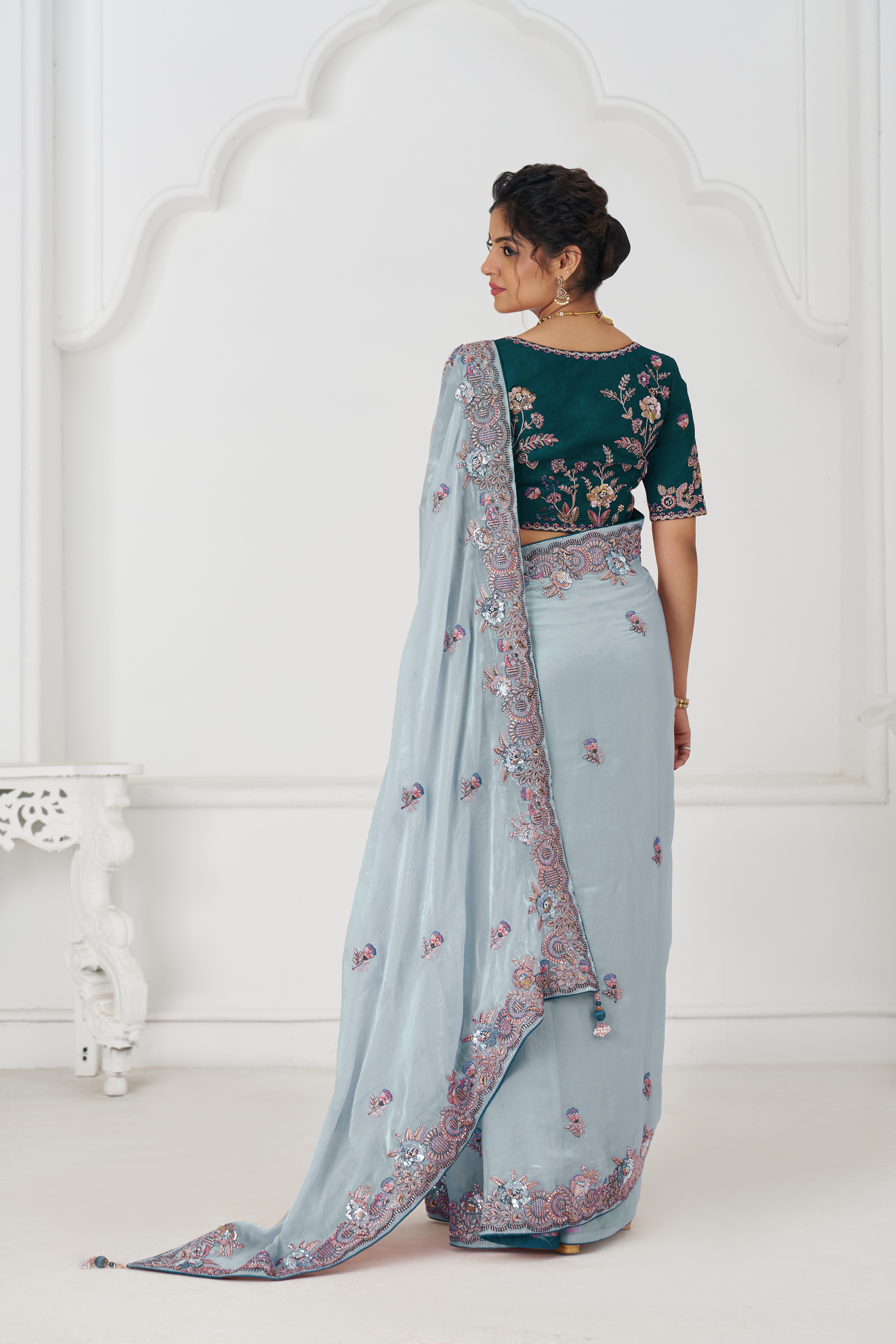 Kesar Fab Elegance Grey – Fendi Silk Saree with Zari & Sequins - Image 3