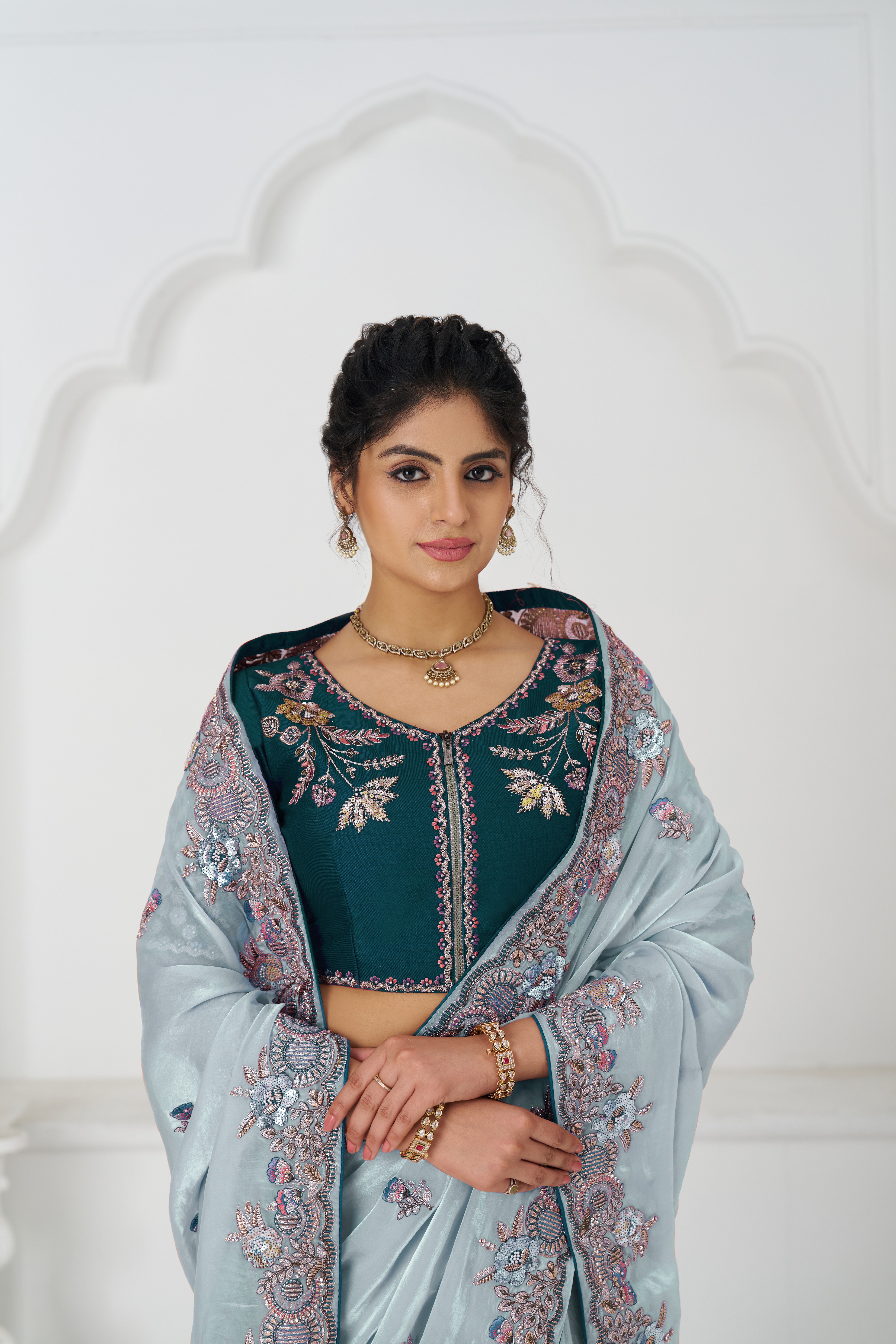 Kesar Fab Elegance Grey – Fendi Silk Saree with Zari & Sequins - Image 4