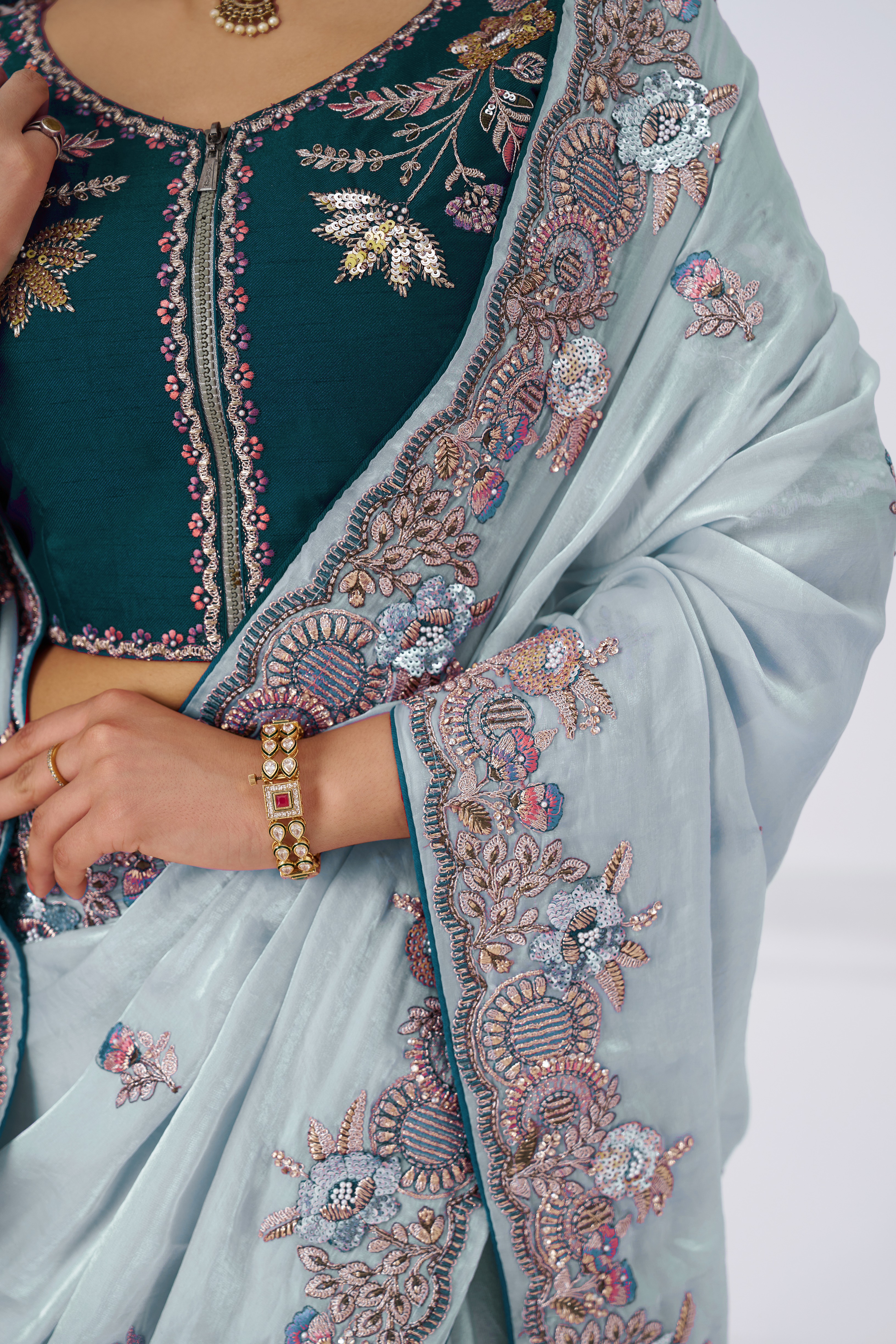 Kesar Fab Elegance Grey – Fendi Silk Saree with Zari & Sequins - Image 5