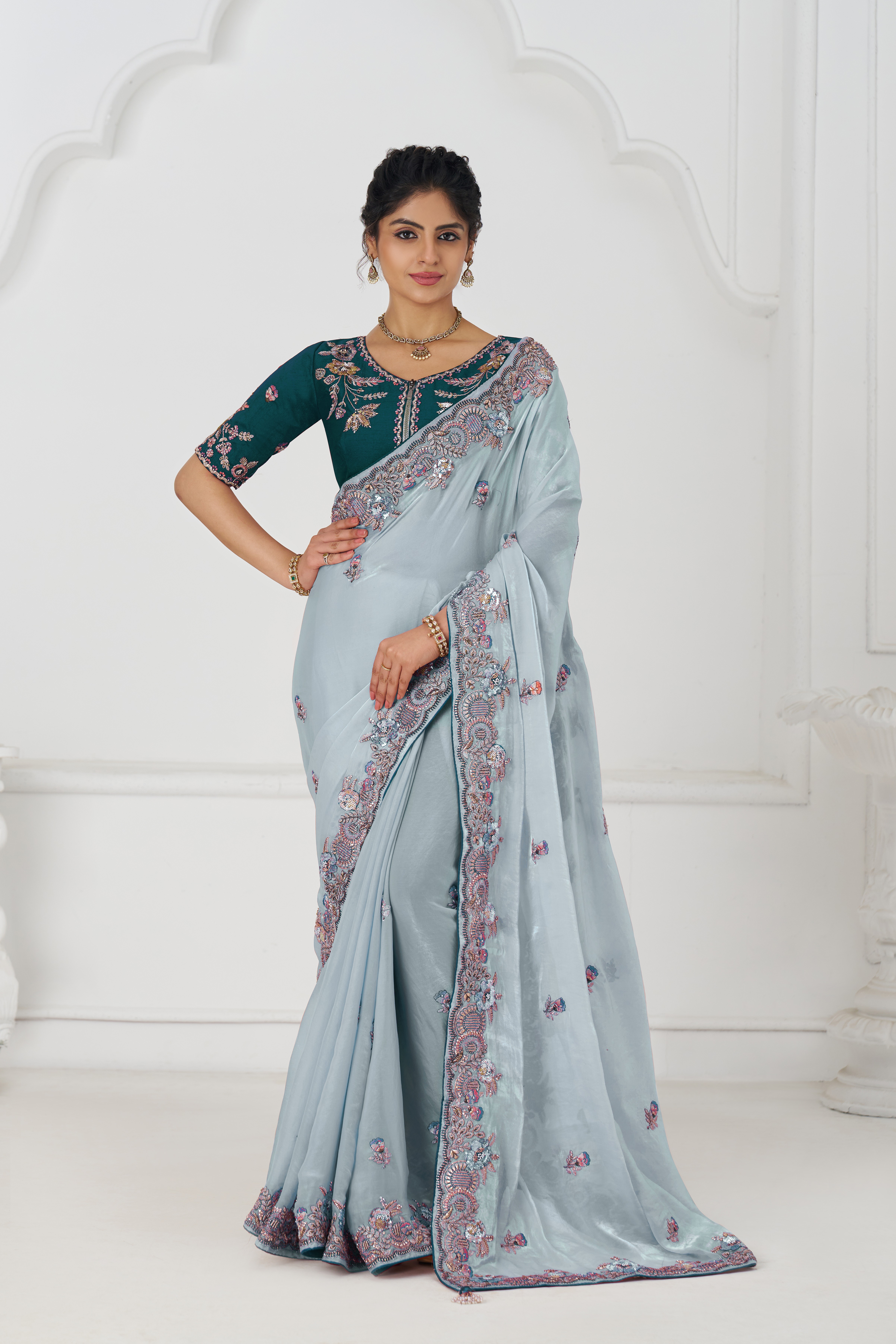 Kesar Fab Elegance Grey – Fendi Silk Saree with Zari & Sequins - Image 6