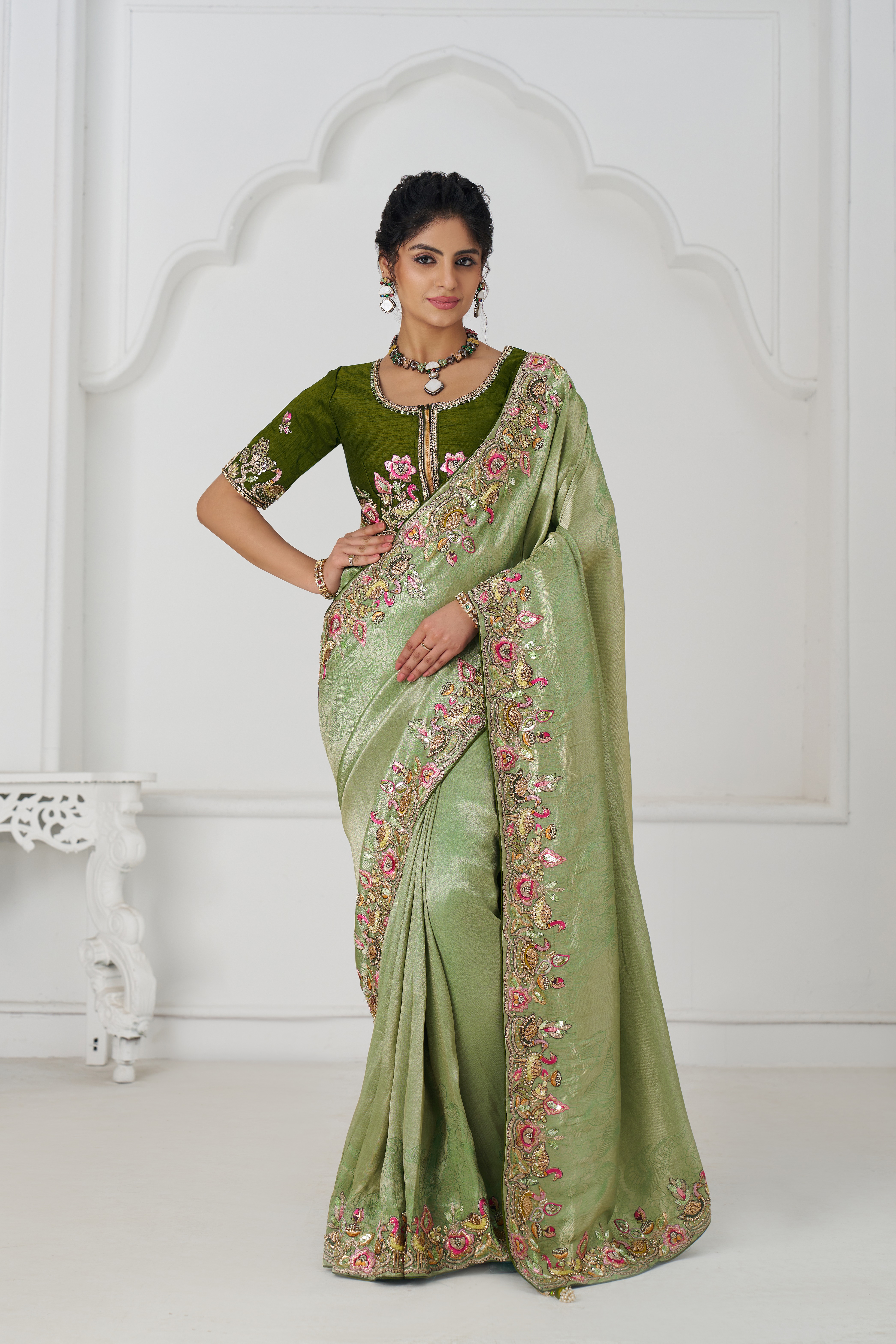 Kesar Fab Elegance Mehendi Embroidered Dola Silk Saree Kesar Fab Elegance Mehendi Embroidered Dola Silk Saree-Design No.-KF-111-MEHENDI