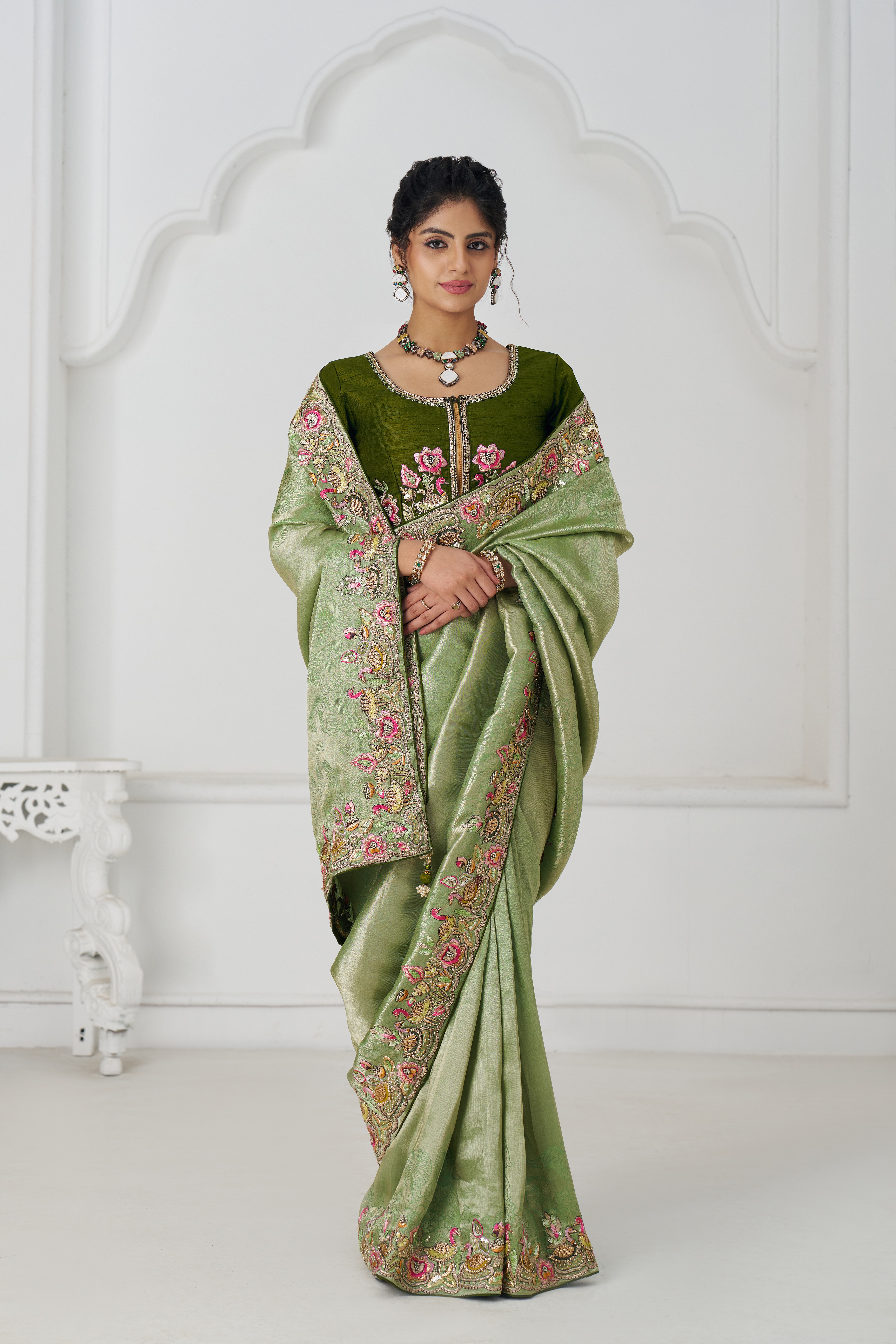 Kesar Fab Elegance Mehendi Embroidered Dola Silk Saree - Image 2