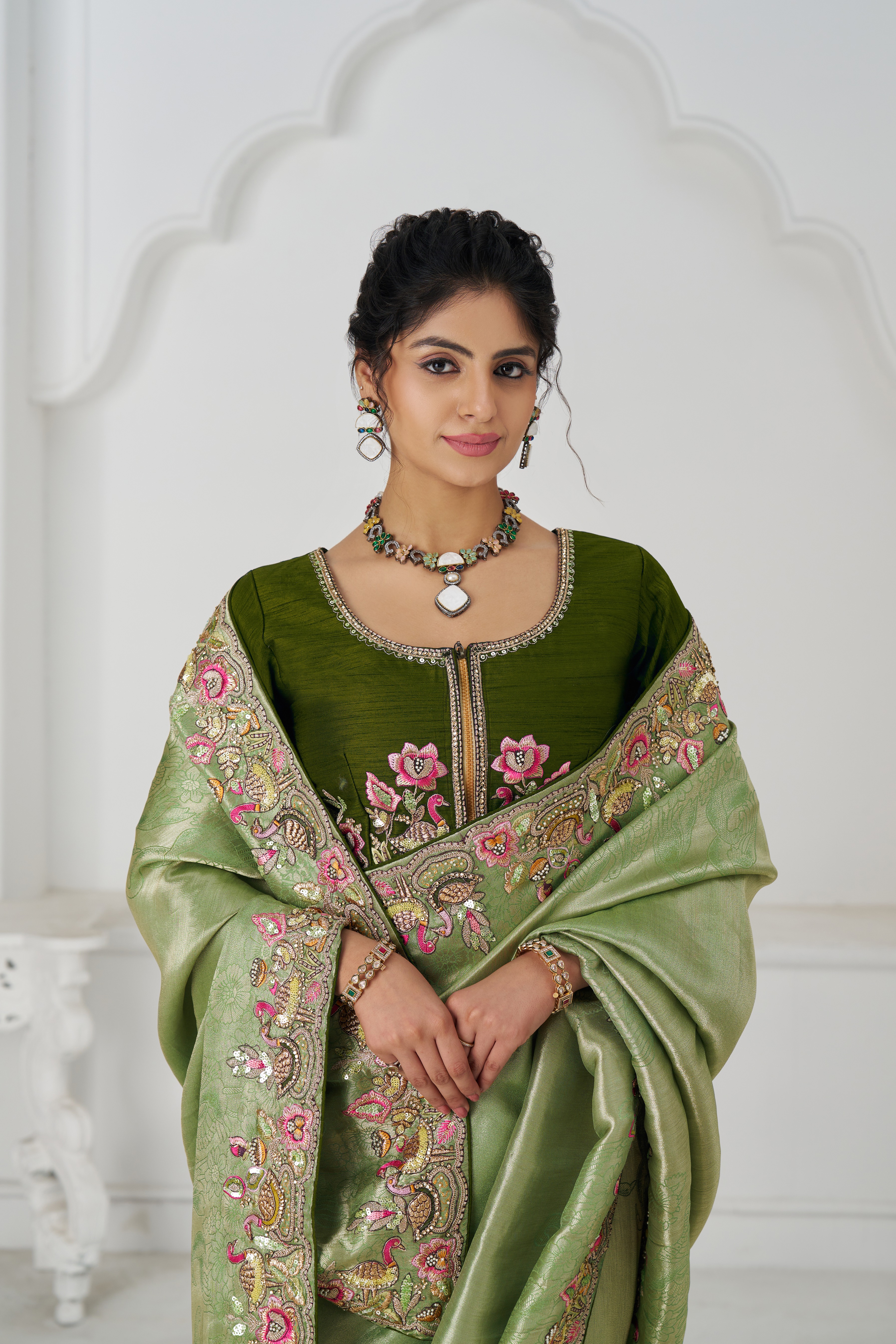Kesar Fab Elegance Mehendi Embroidered Dola Silk Saree - Image 3