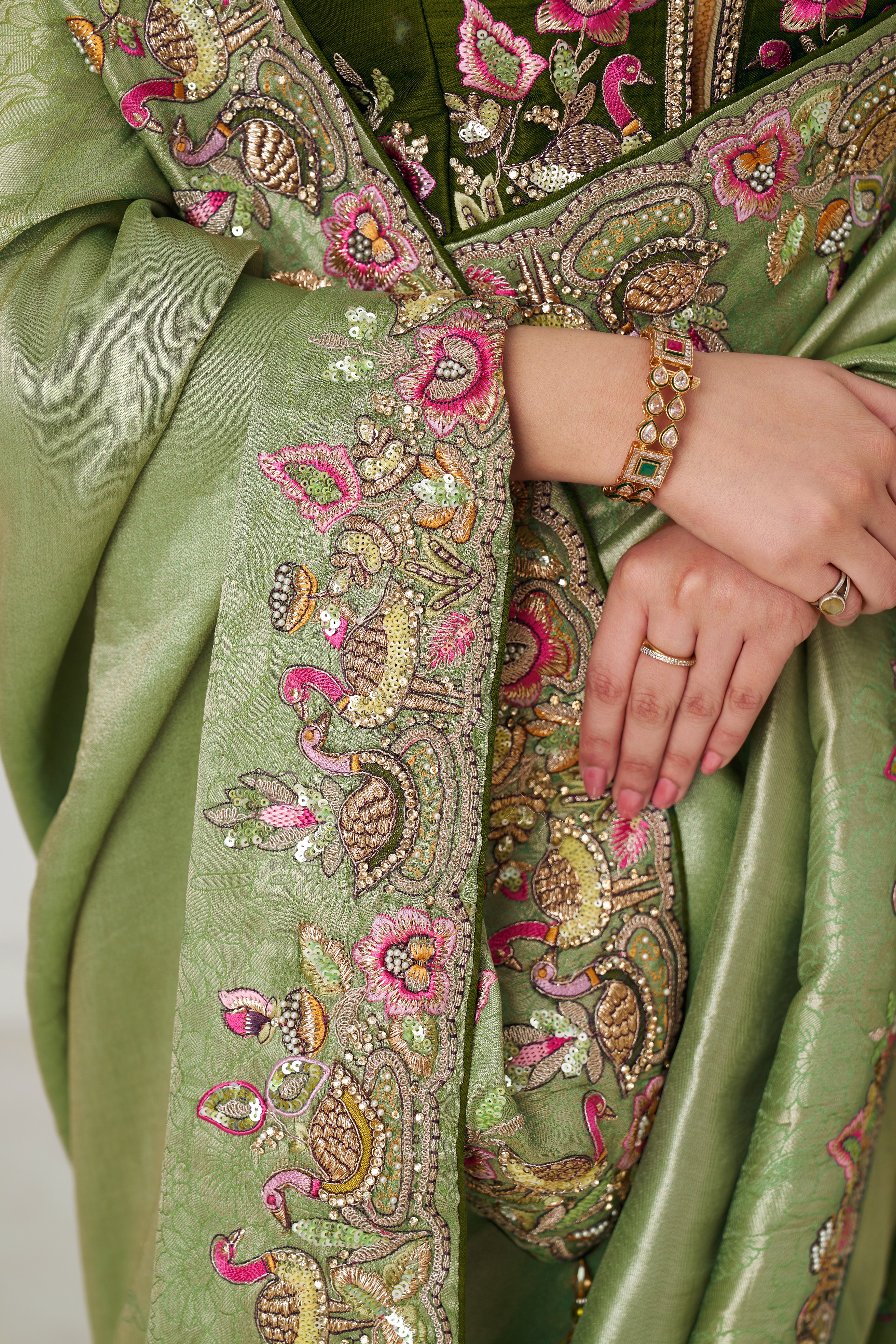 Kesar Fab Elegance Mehendi Embroidered Dola Silk Saree - Image 4