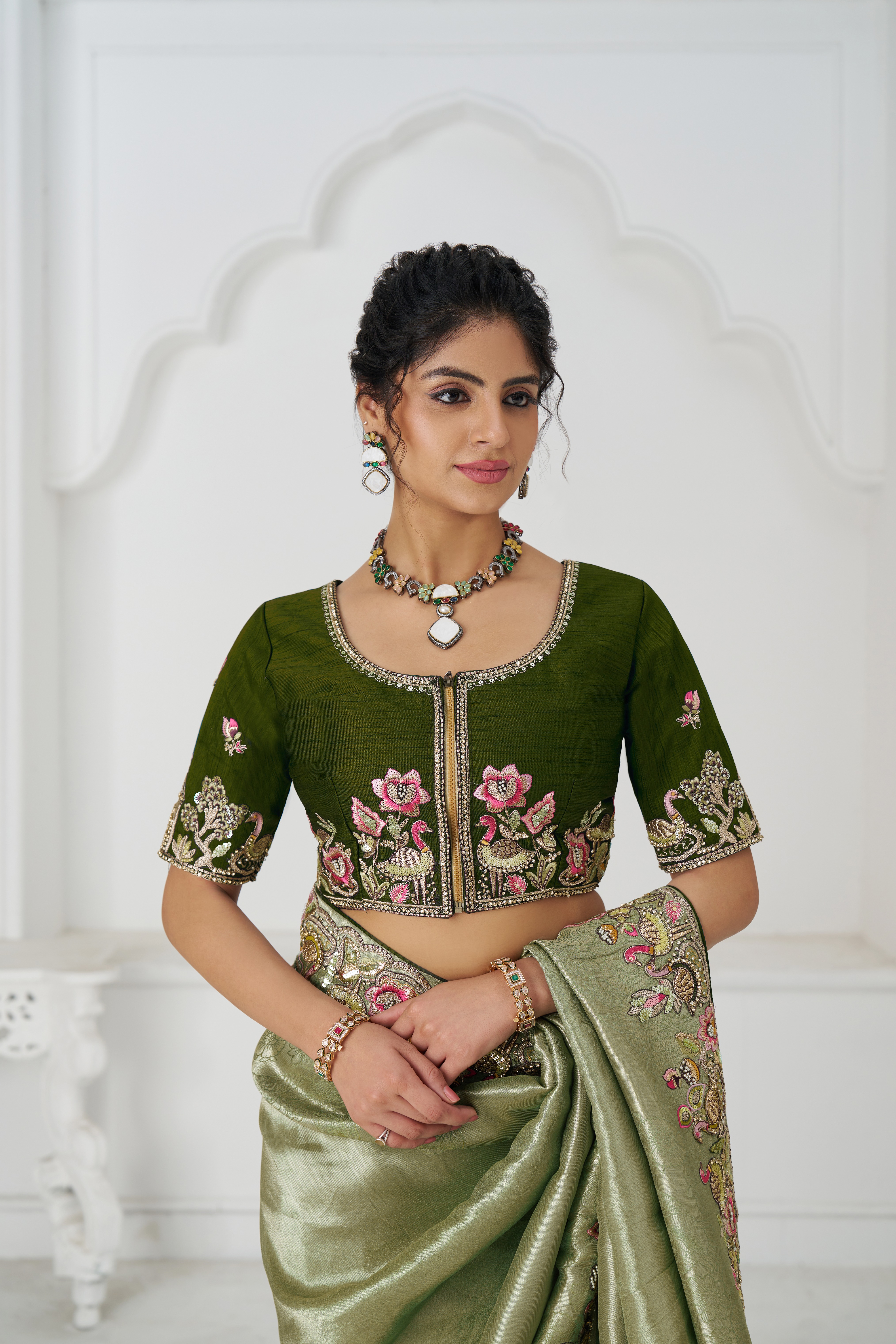 Kesar Fab Elegance Mehendi Embroidered Dola Silk Saree - Image 5