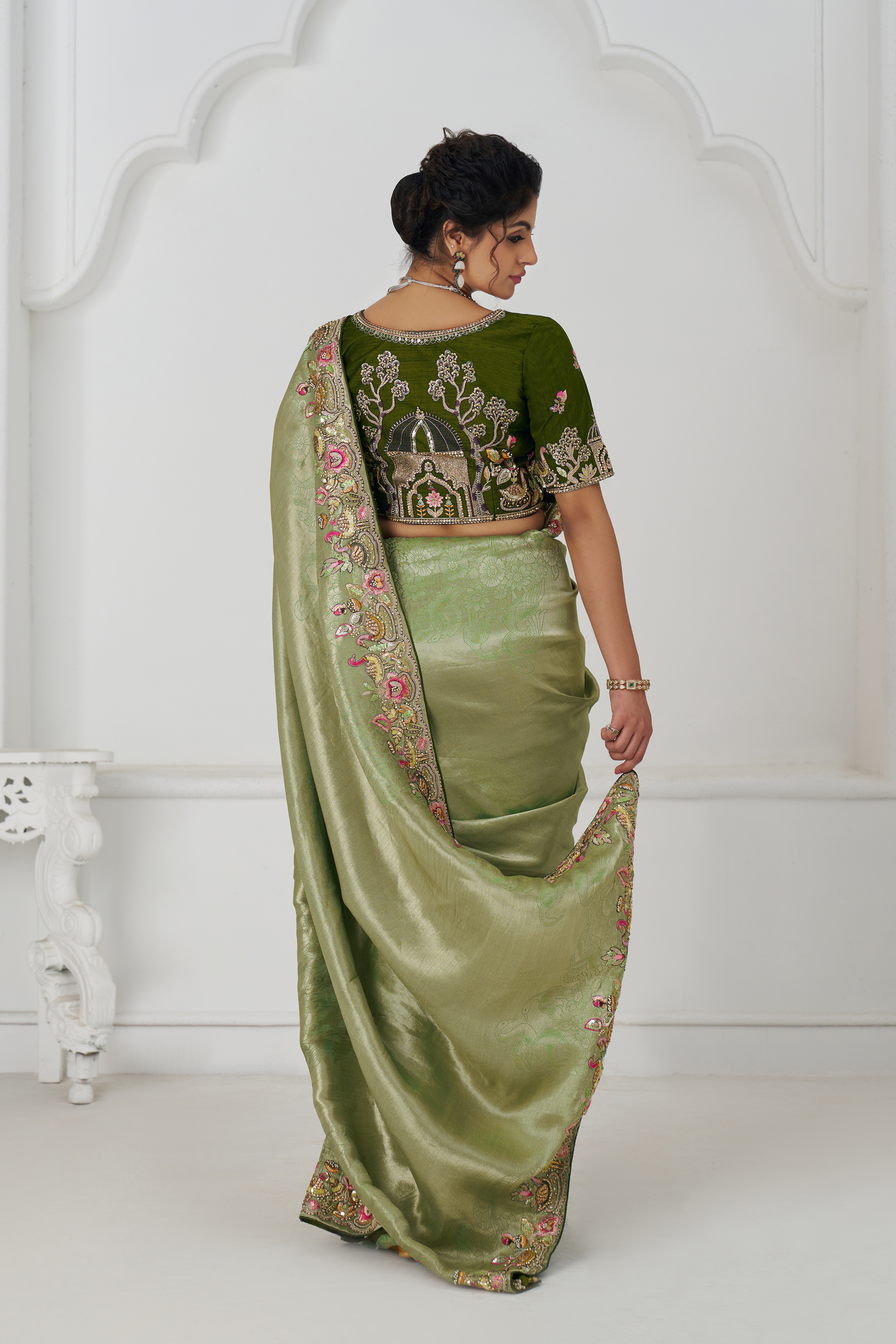 Kesar Fab Elegance Mehendi Embroidered Dola Silk Saree - Image 6