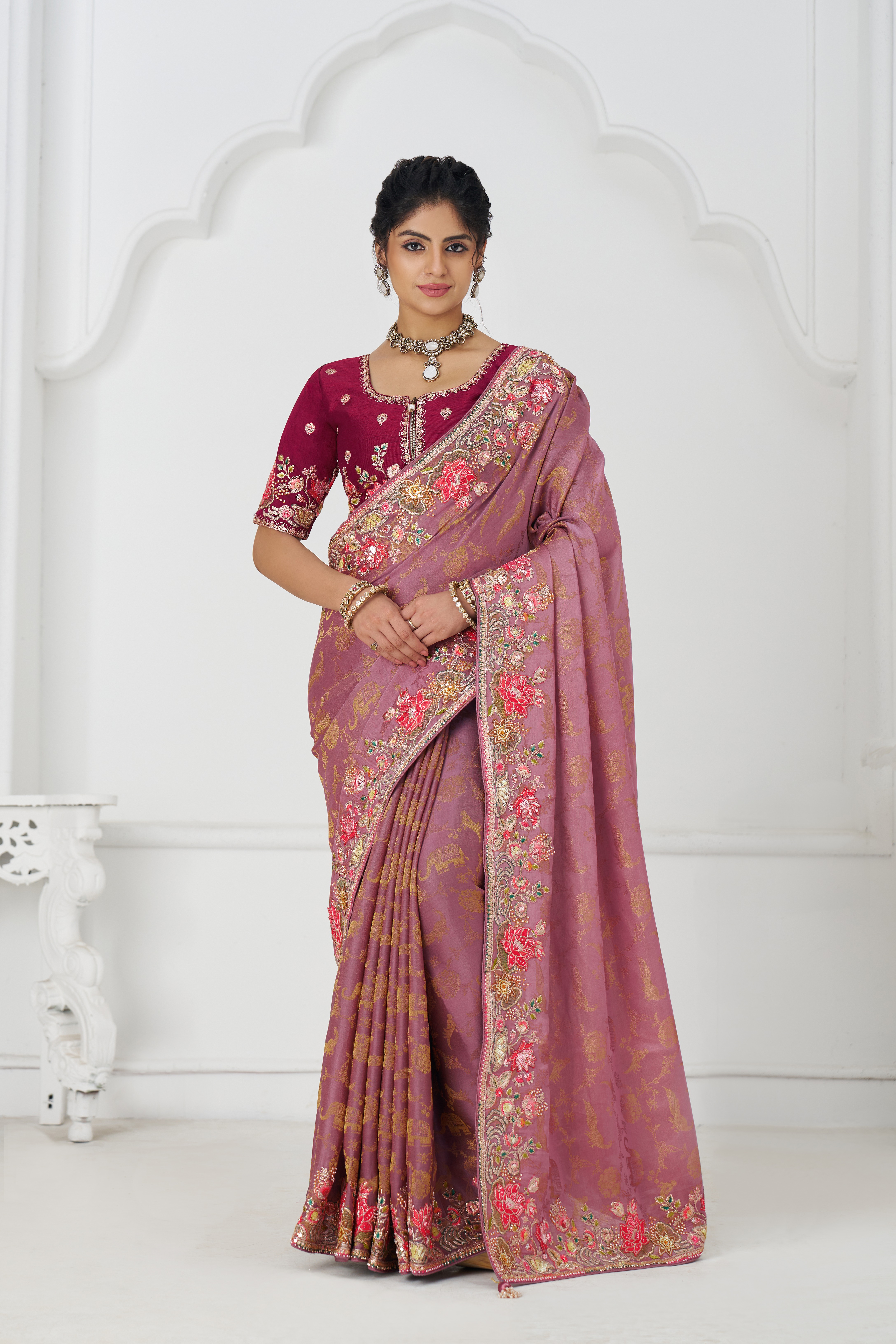 Kesar Fab Elegance Pink – Dola Viscose Silk Saree with Multicolor Floral Embroidery - Image 2
