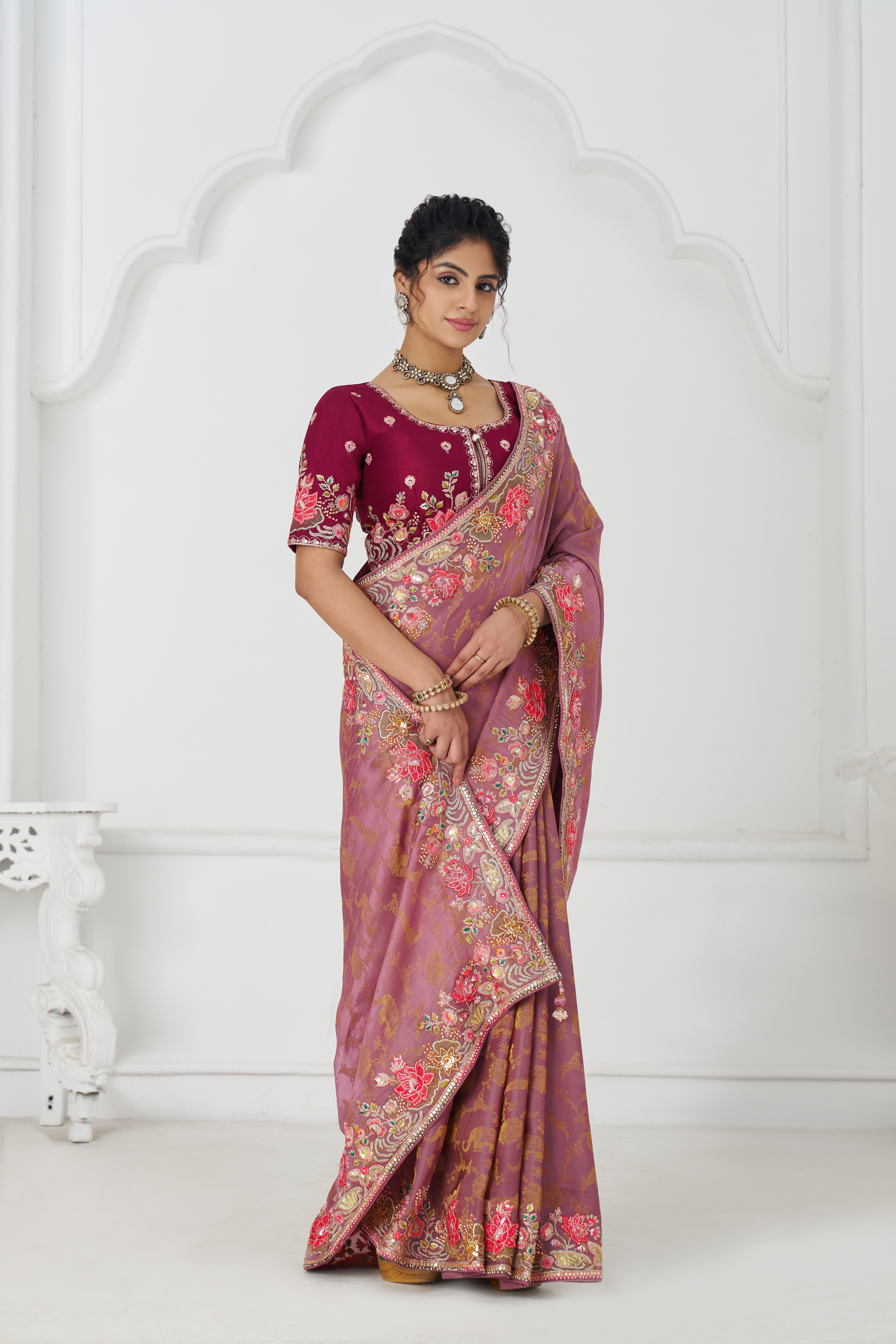 Kesar Fab Elegance Pink – Dola Viscose Silk Saree with Multicolor Floral Embroidery - Image 3