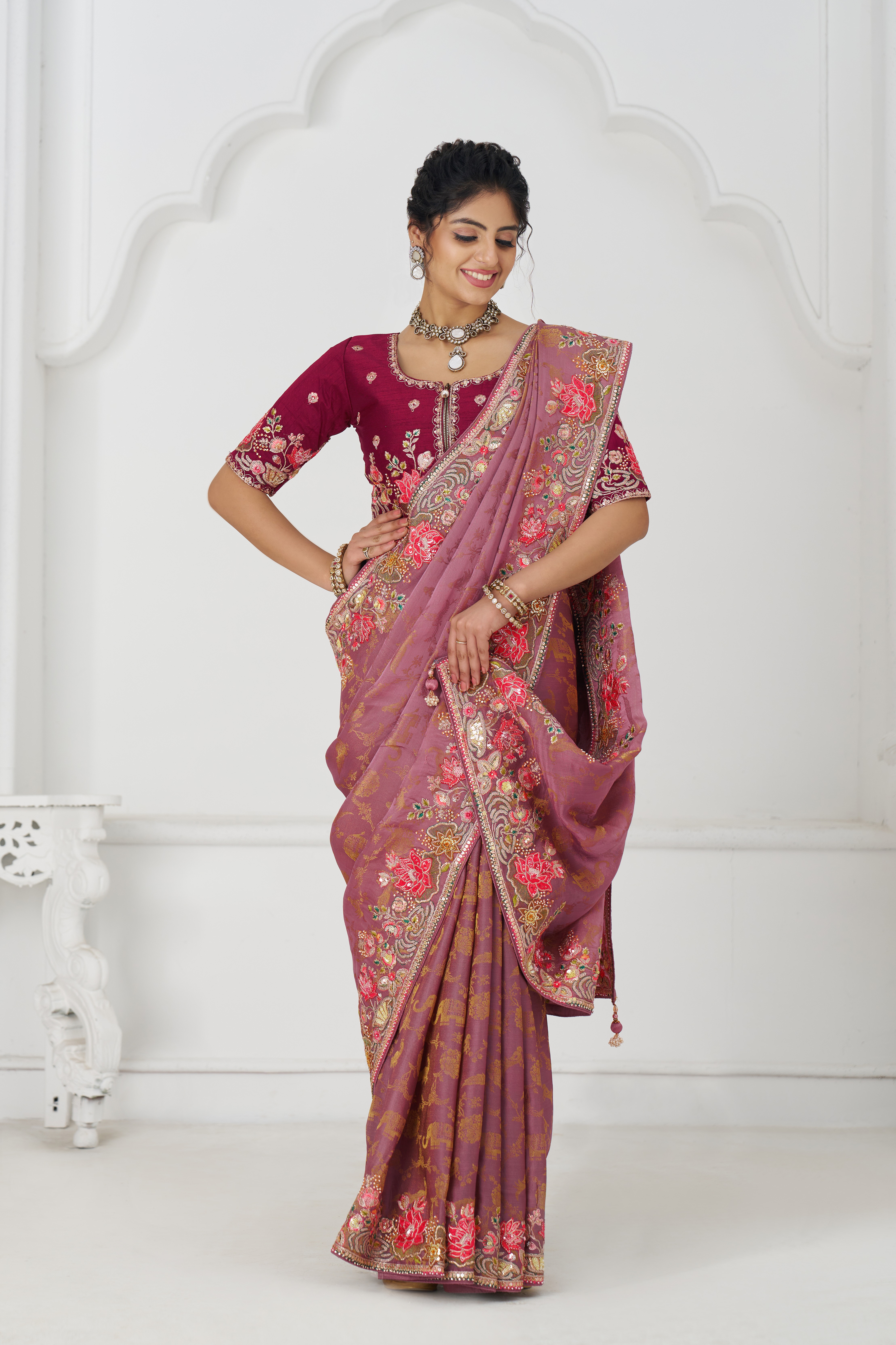 Kesar Fab Elegance Pink – Dola Viscose Silk Saree with Multicolor Floral Embroidery - Image 4