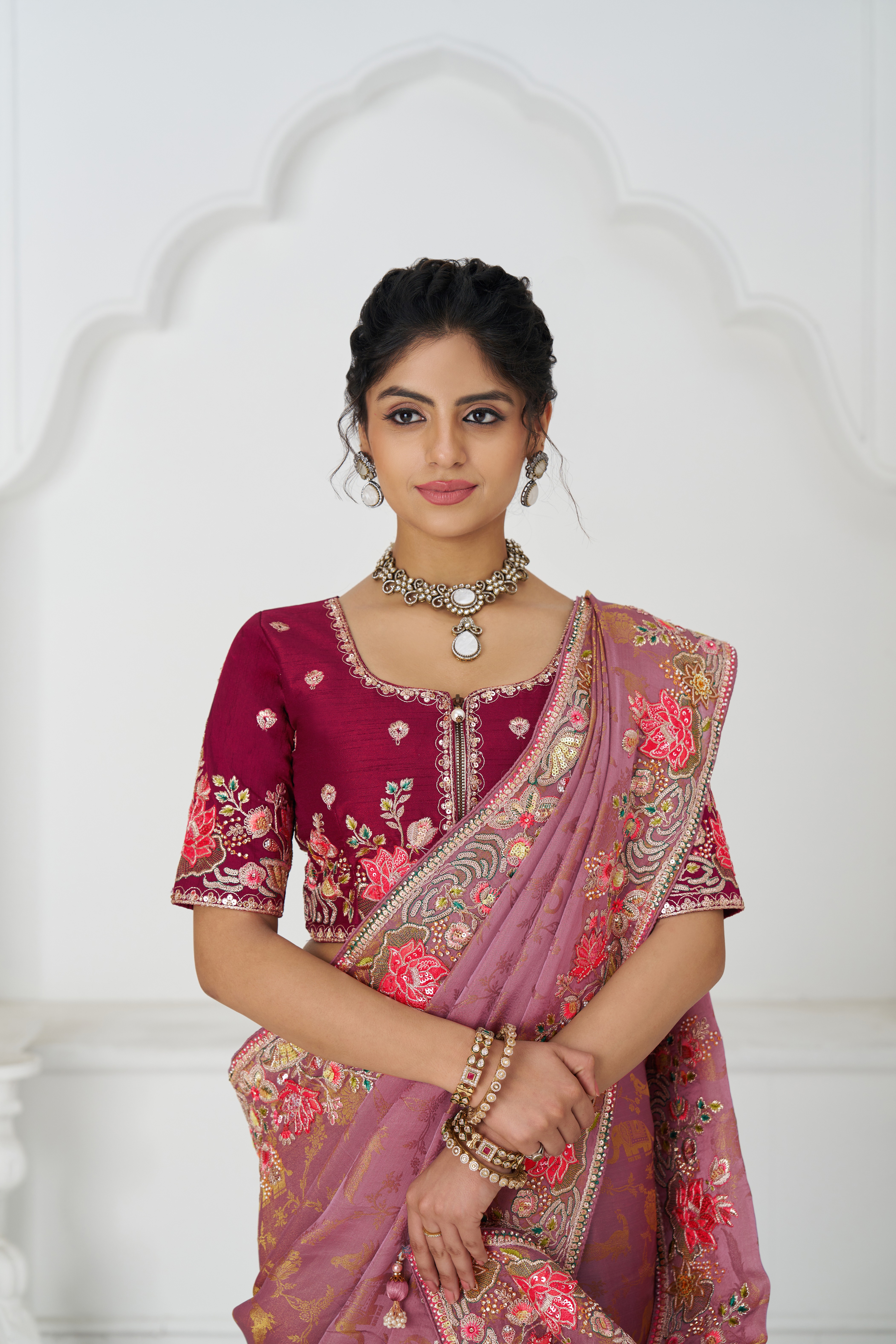 Kesar Fab Elegance Pink – Dola Viscose Silk Saree with Multicolor Floral Embroidery - Image 6