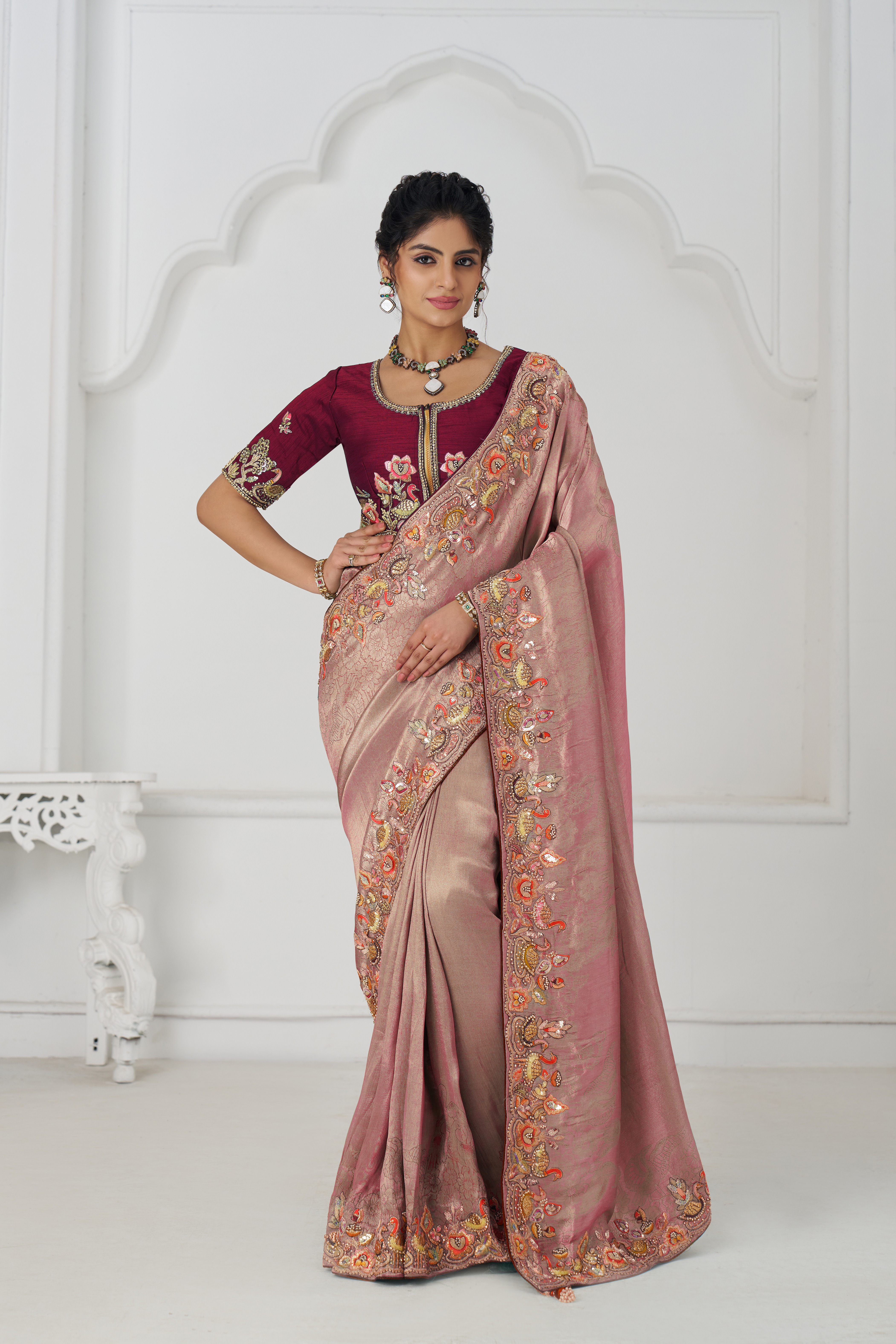 Kesar Fab Elegance Pink - Embroidered Dola Silk Saree - Image 4