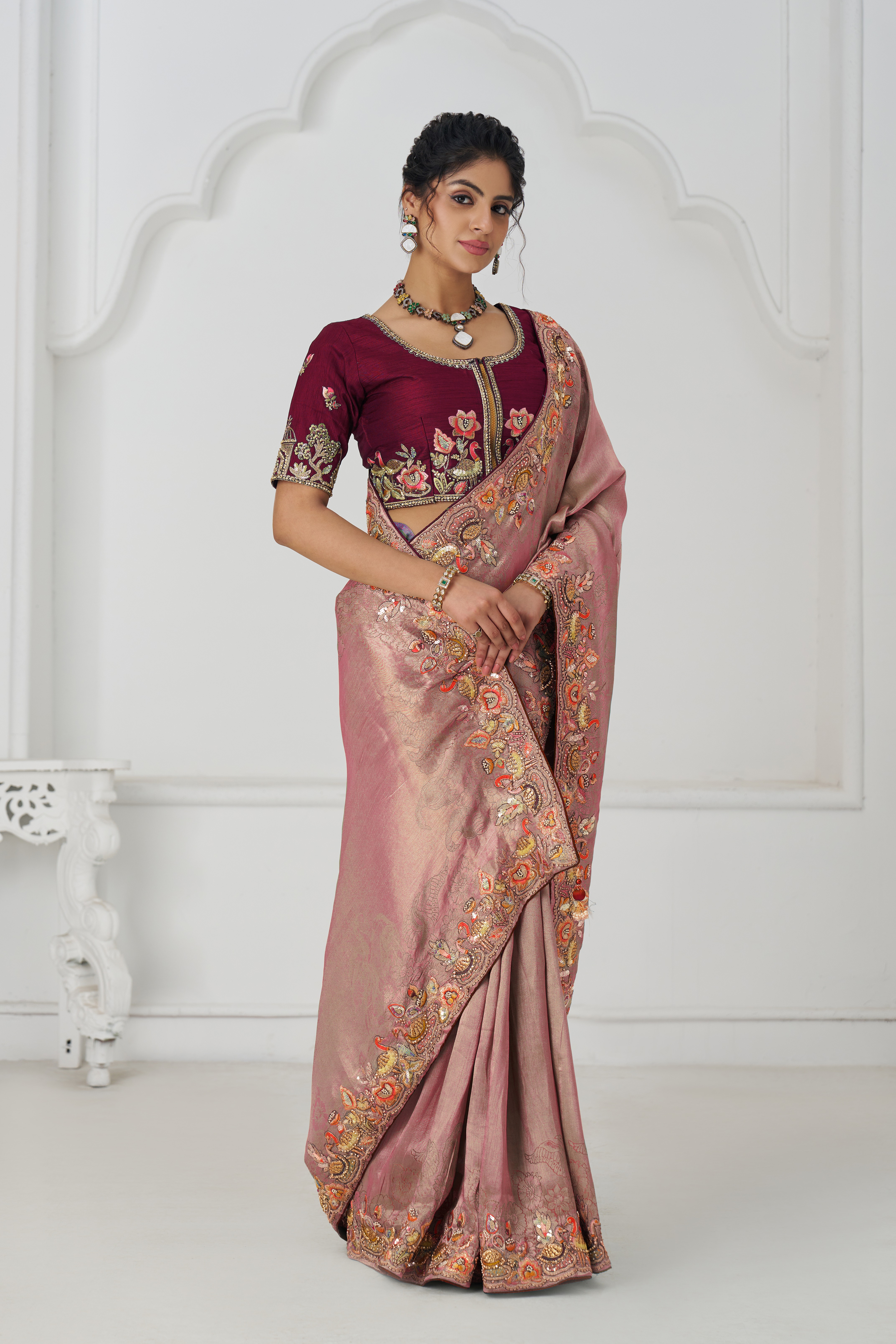 Kesar Fab Elegance Pink - Embroidered Dola Silk Saree - Image 5