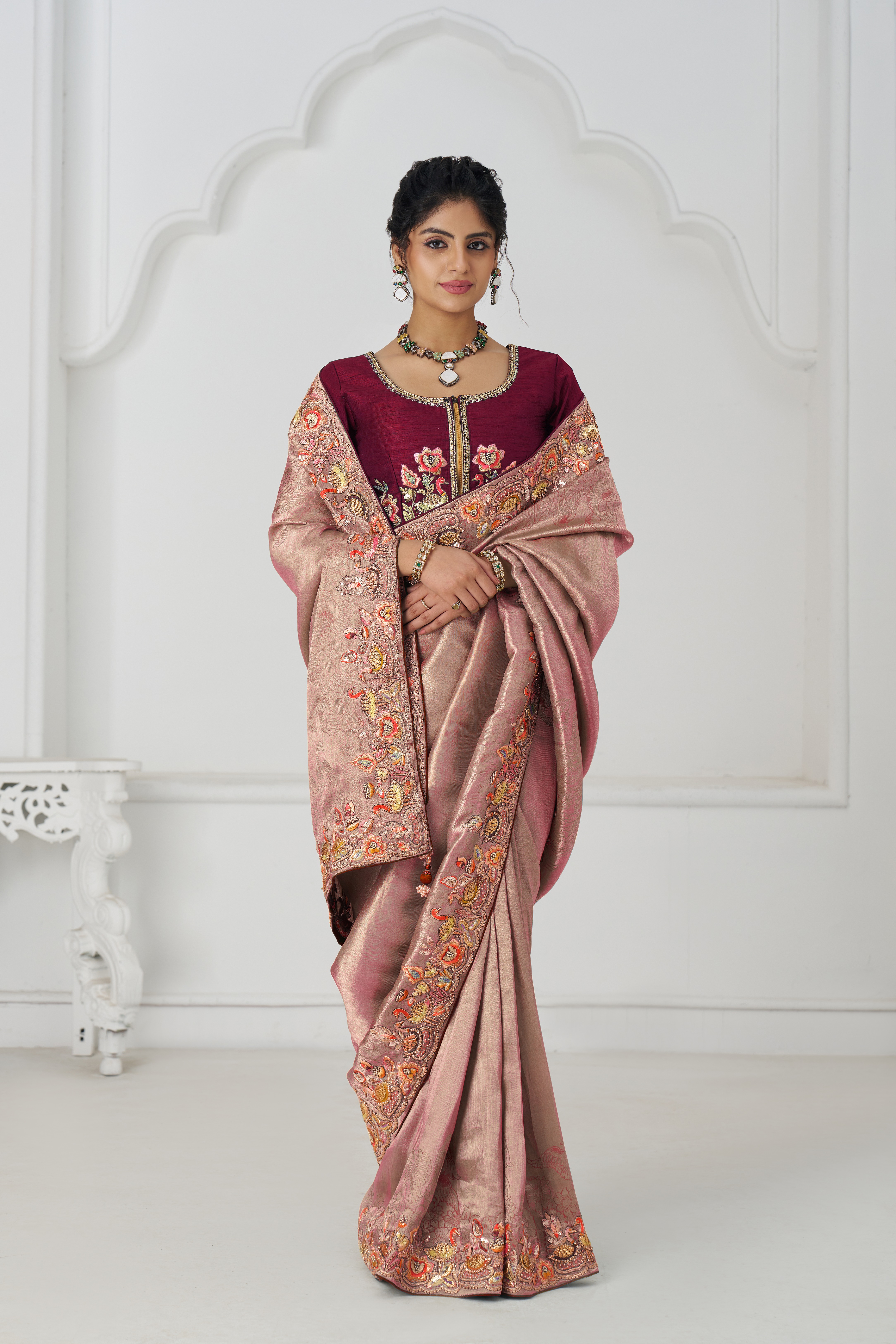 Kesar Fab Elegance Pink - Embroidered Dola Silk Saree - Image 6