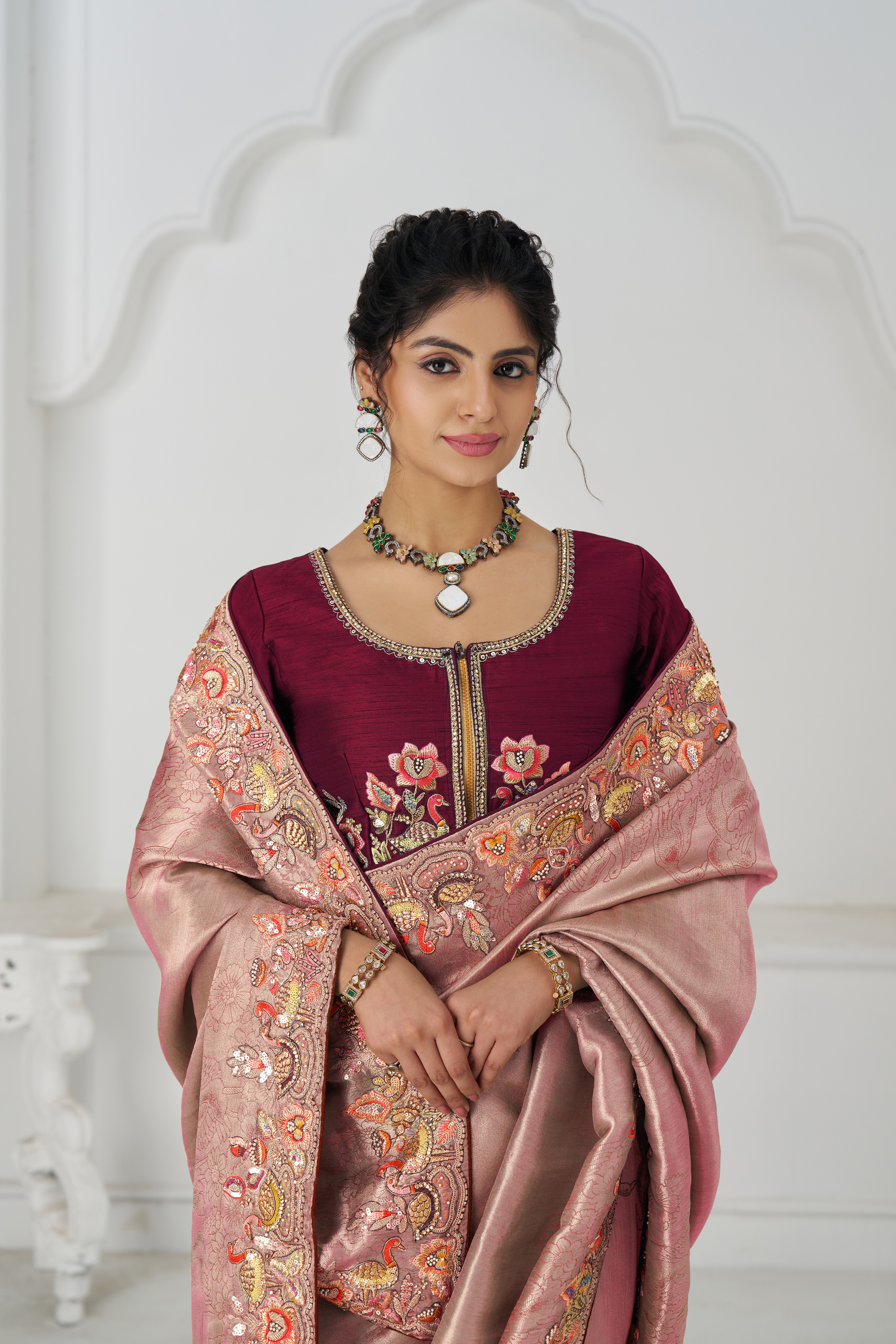Kesar Fab Elegance Pink - Embroidered Dola Silk Saree - Image 7