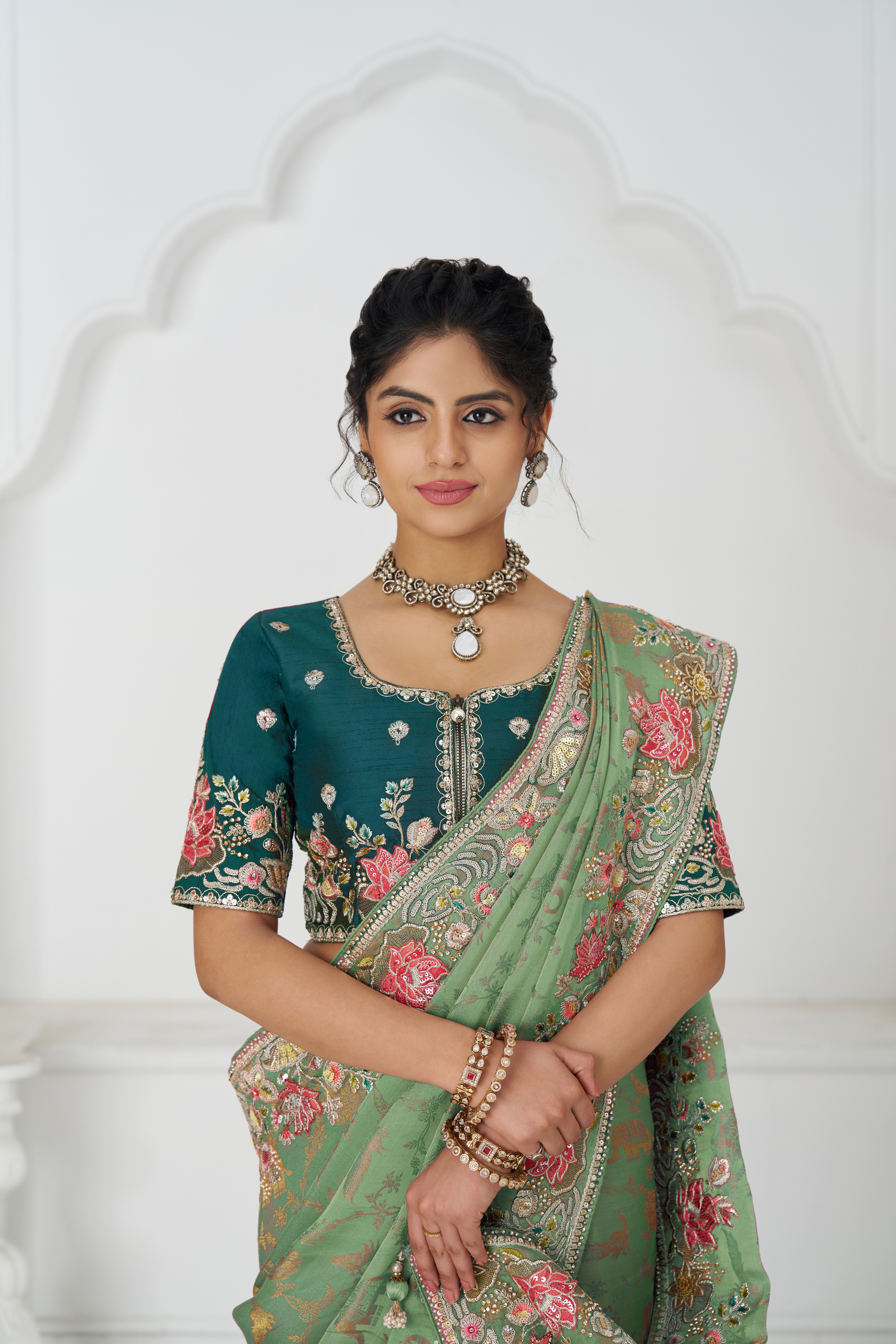 Kesar Fab GraceBloom Green Embroidered Dola Silk Saree Kesar Fab GraceBloom Green Embroidered Dola Silk Saree-Design No.-KF-112-GREEN