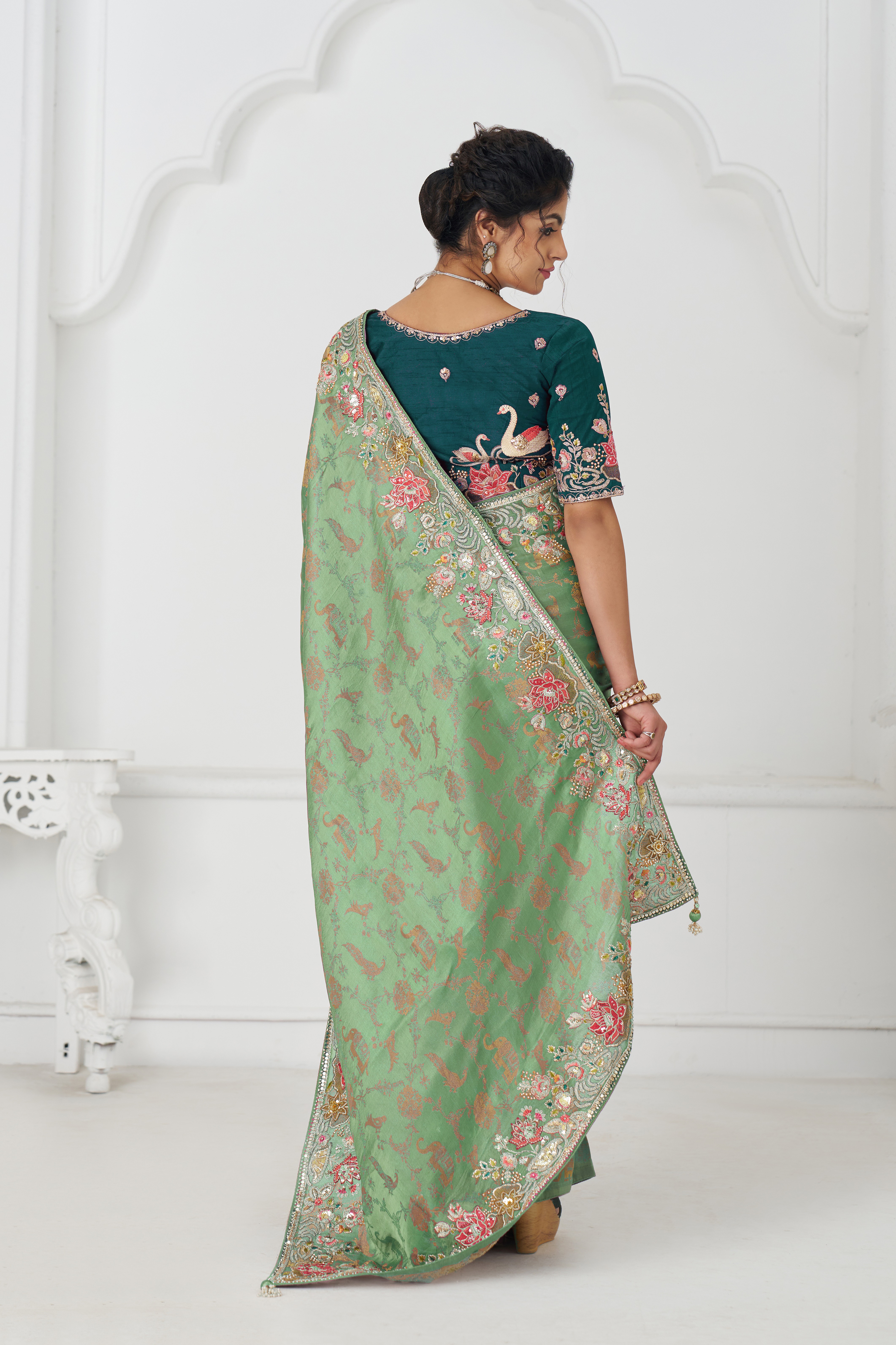 Kesar Fab GraceBloom Green Embroidered Dola Silk Saree - Image 2