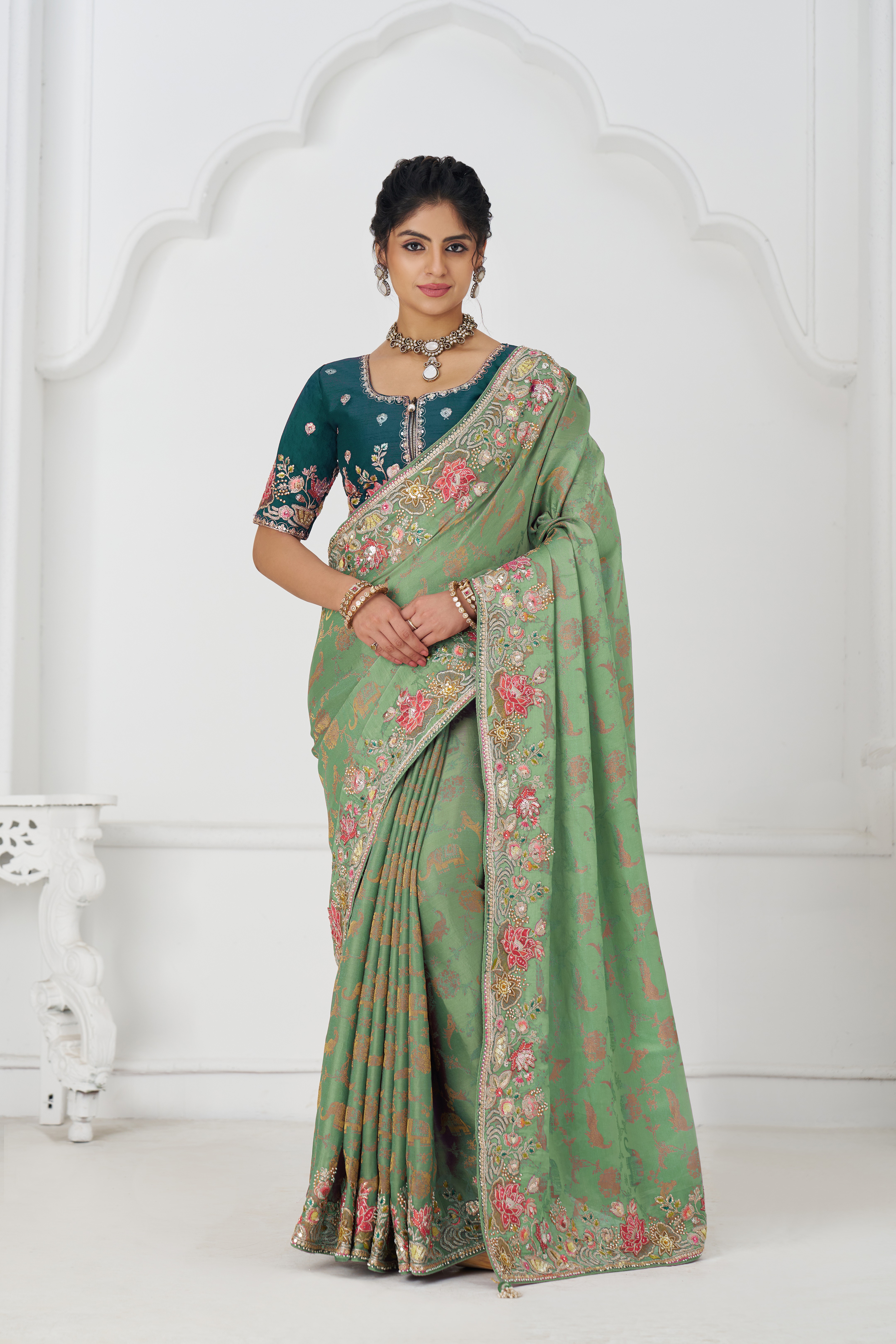 Kesar Fab GraceBloom Green Embroidered Dola Silk Saree - Image 3