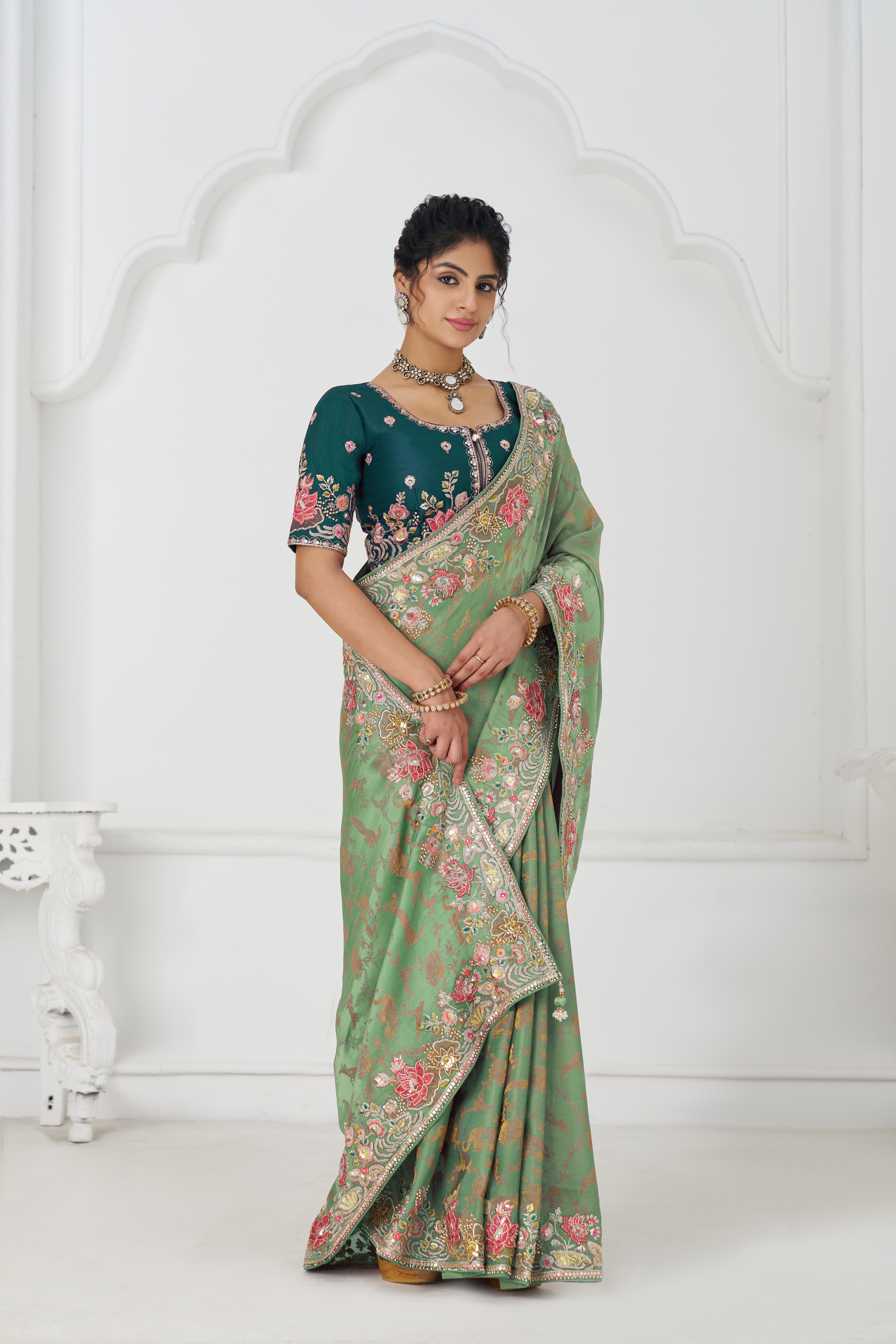 Kesar Fab GraceBloom Green Embroidered Dola Silk Saree - Image 4