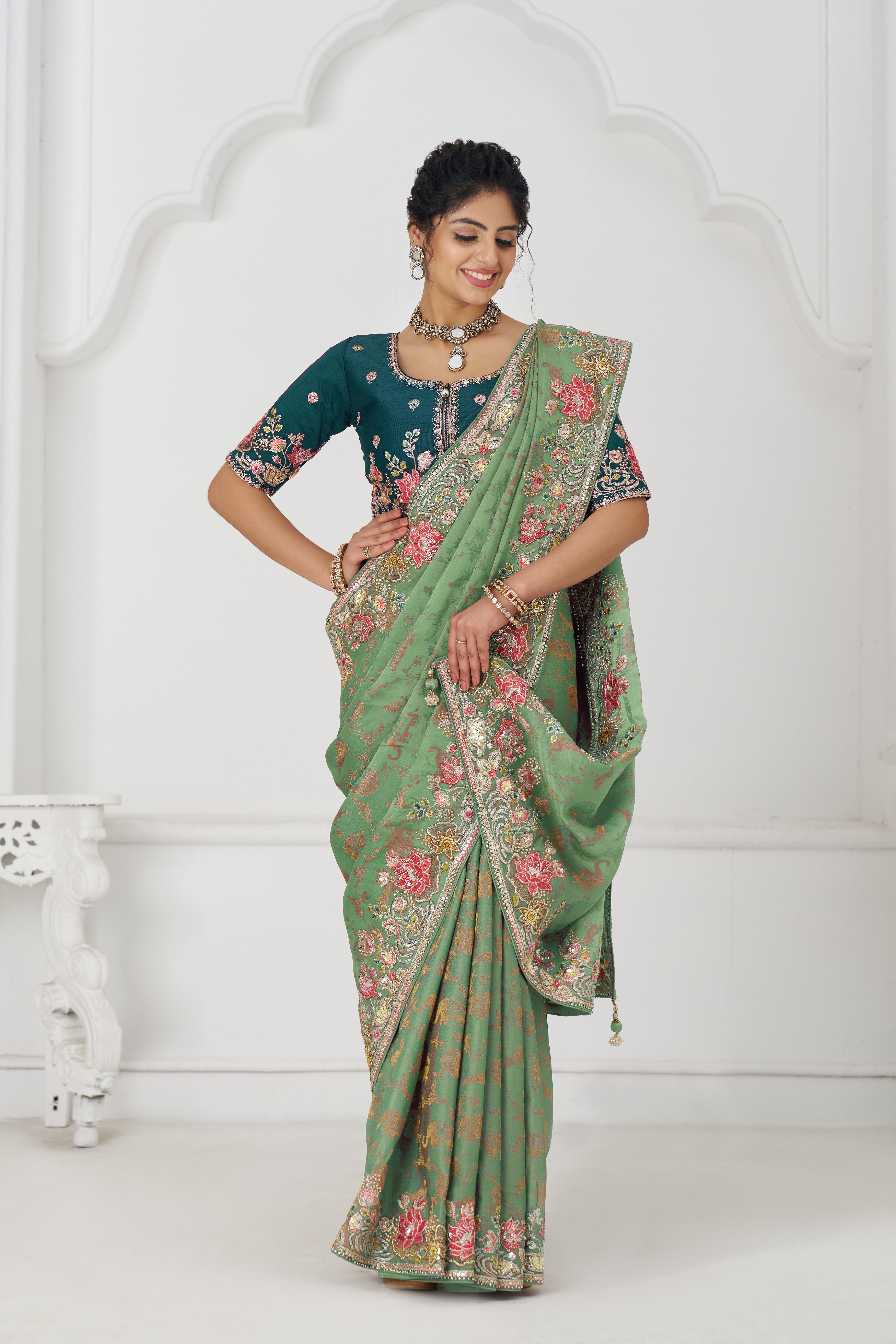 Kesar Fab GraceBloom Green Embroidered Dola Silk Saree - Image 5