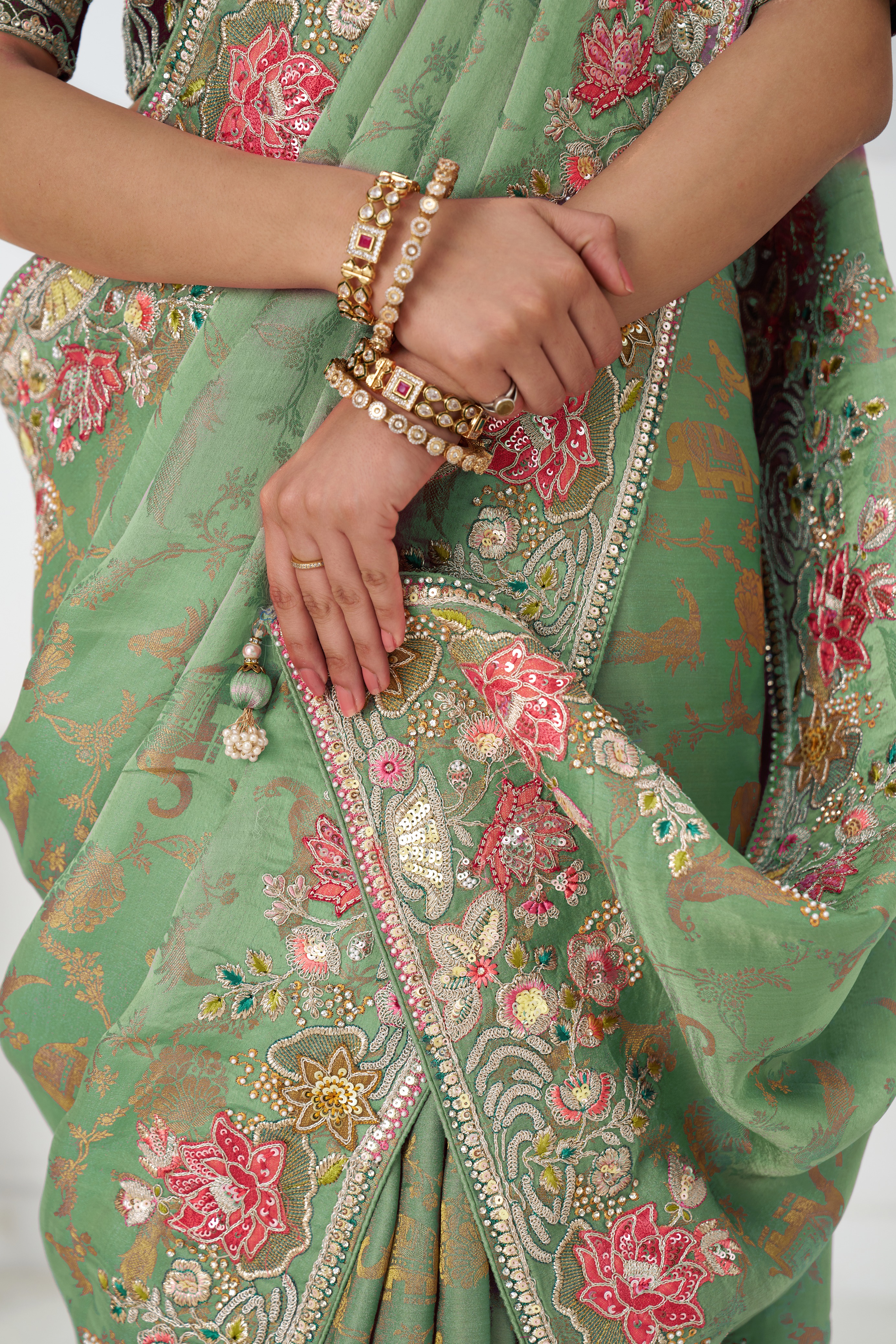 Kesar Fab GraceBloom Green Embroidered Dola Silk Saree - Image 6