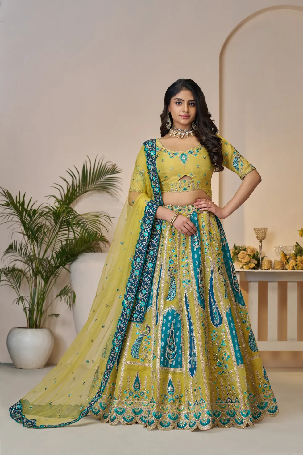 Kesar Fab Majestic Peacock Yellow Lehenga Choli Kesar Fab Majestic Peacock Yellow Lehenga Choli-Design No.-KF-484-YELLOW