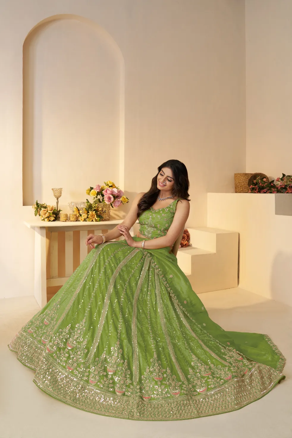 Kesar Fab Radiant Mehendi Sparkle Green Lehenga Choli Kesar Fab Radiant Mehendi Sparkle Green Lehenga Choli-Design No.-KF-44-Green