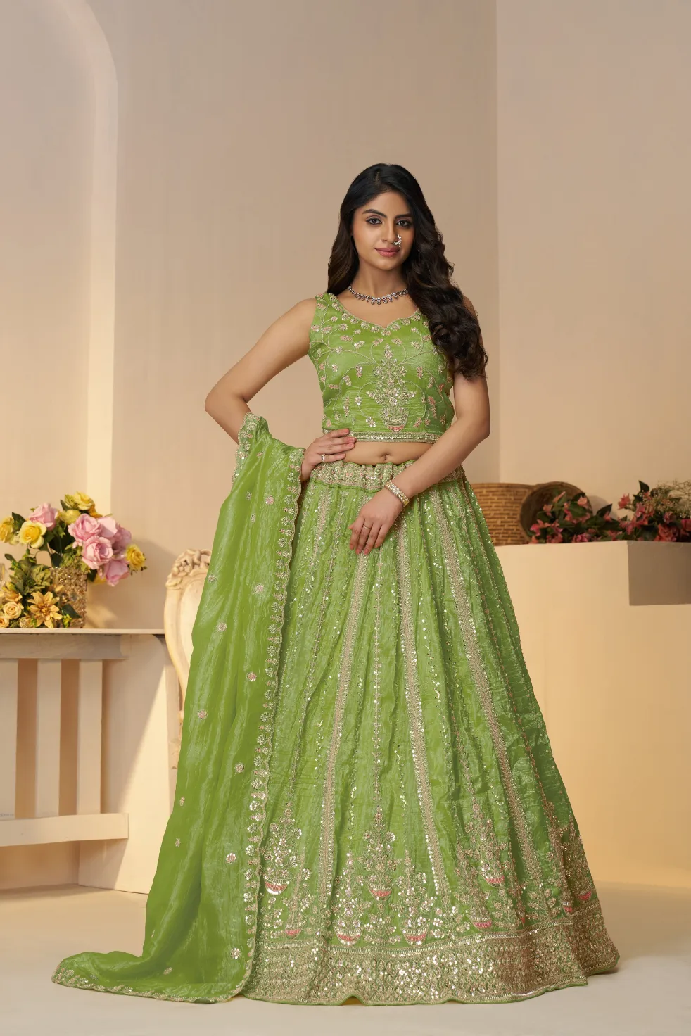 Kesar Fab Radiant Mehendi Sparkle Green Lehenga Choli - Image 2