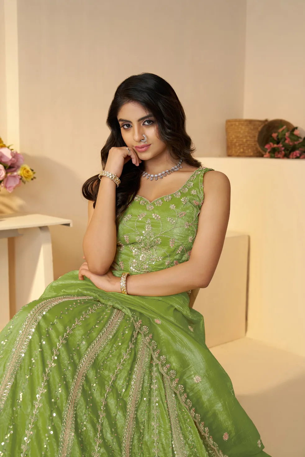 Kesar Fab Radiant Mehendi Sparkle Green Lehenga Choli - Image 4