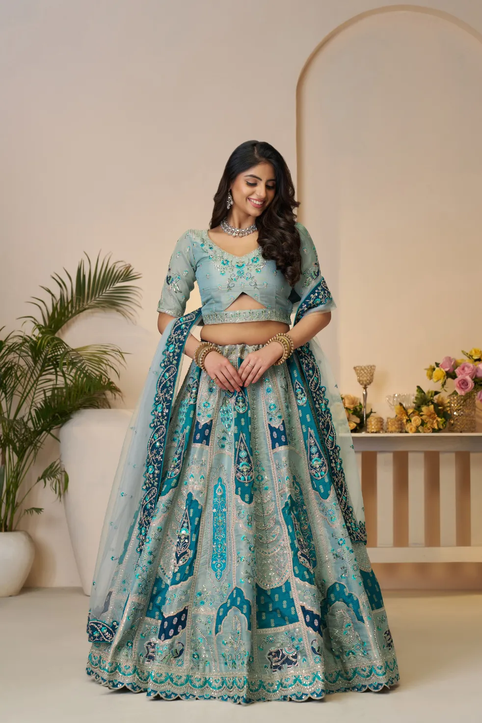 Kesar Fab Rajsi Haathi Sky Blue Banarasi Lehenga Choli Kesar Fab Rajsi Haathi Sky Blue Banarasi Lehenga Choli-Design No.-KF-492-Sky-Blue