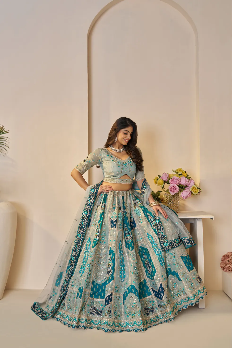 Kesar Fab Rajsi Haathi Sky Blue Banarasi Lehenga Choli - Image 2