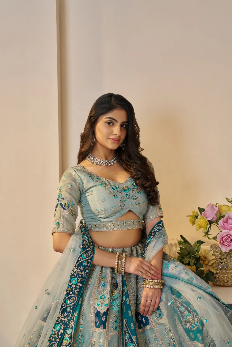 Kesar Fab Rajsi Haathi Sky Blue Banarasi Lehenga Choli - Image 3