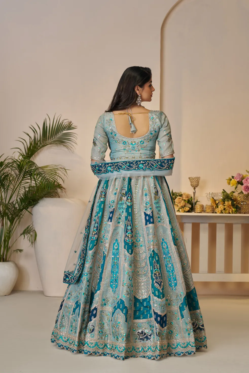 Kesar Fab Rajsi Haathi Sky Blue Banarasi Lehenga Choli - Image 4