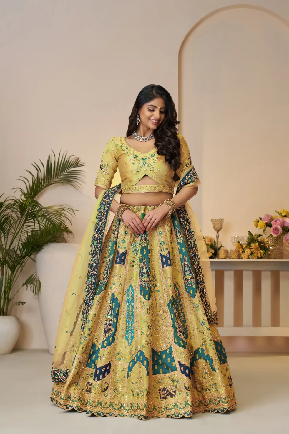 Kesar Fab Rajsi Haathi Yellow Banarsi Lehenga Choli Kesar Fab Rajsi Haathi Yellow Banarsi Lehenga Choli-Design No.-KF-492-yellow