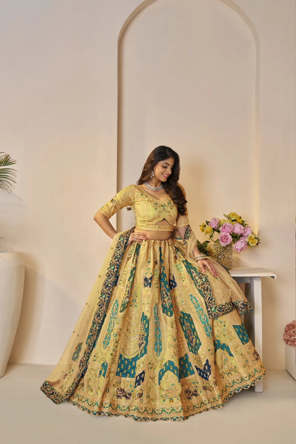 Kesar Fab Rajsi Haathi Yellow Banarsi Lehenga Choli - Image 3