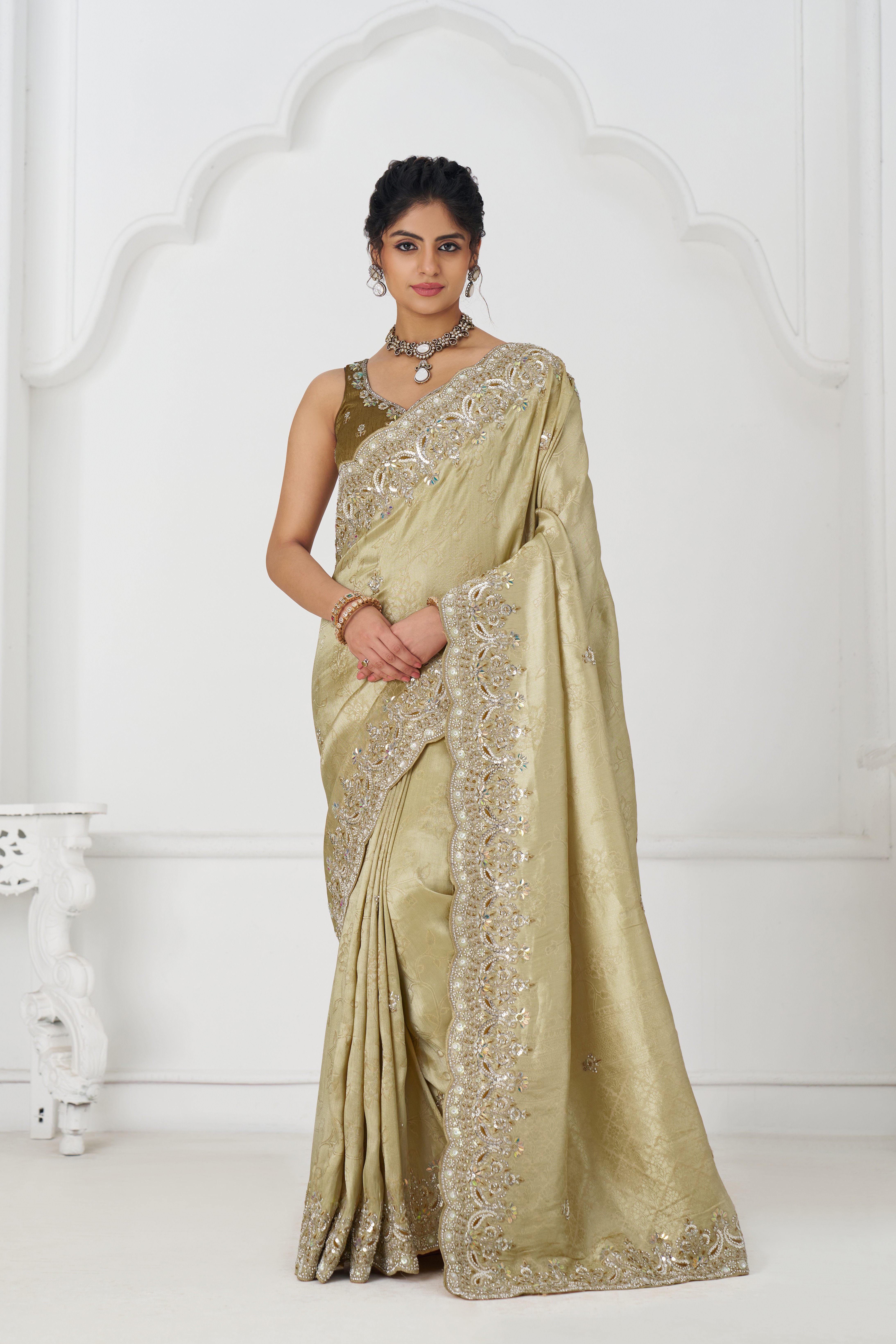 Kesar Fab Royale Chiku Elegance - Embroidered Dola Silk Saree Kesar Fab Royale Chiku Elegance - Embroidered Dola Silk Saree-Design No.-KF-101-CHIKU
