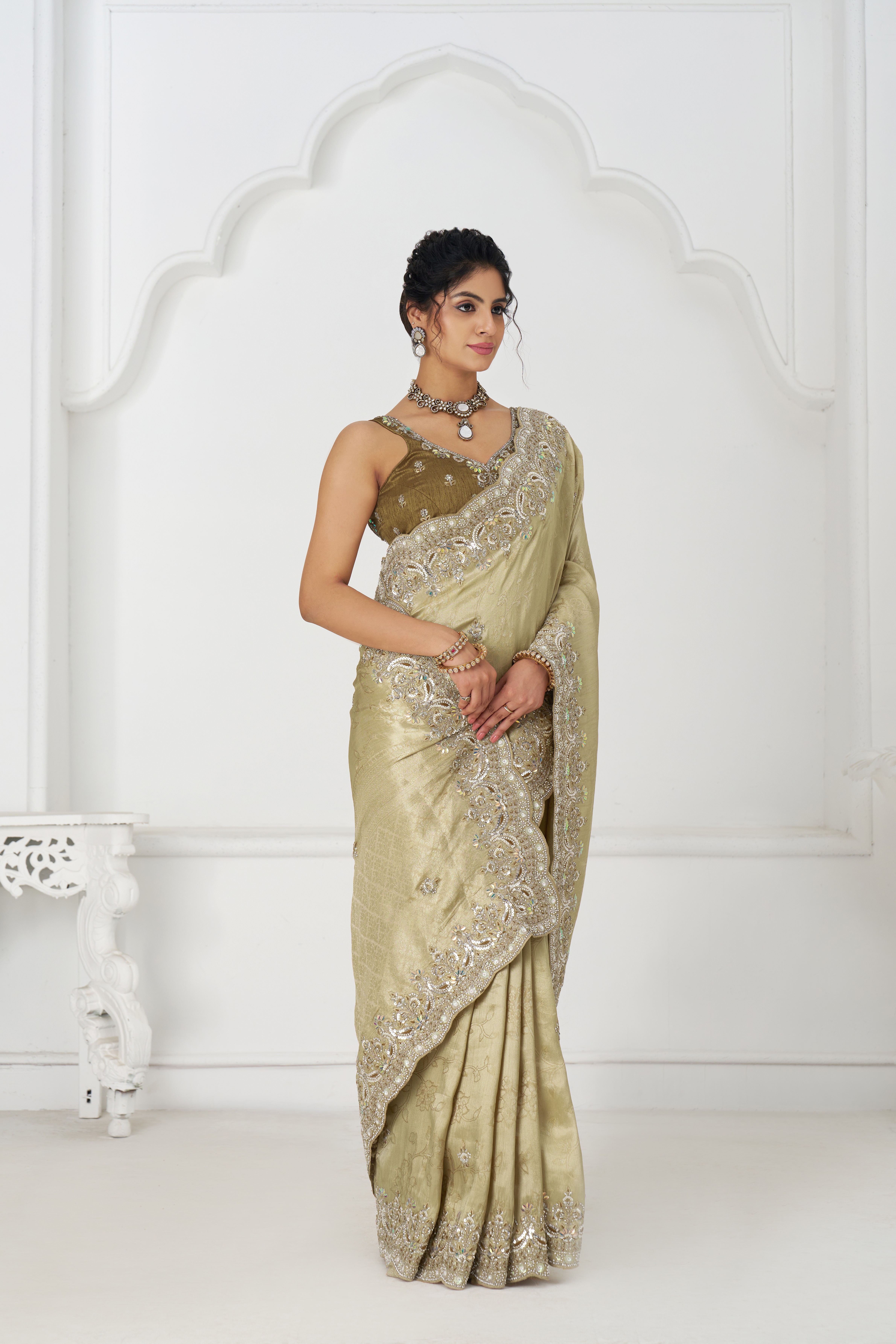 Kesar Fab Royale Chiku Elegance - Embroidered Dola Silk Saree - Image 2