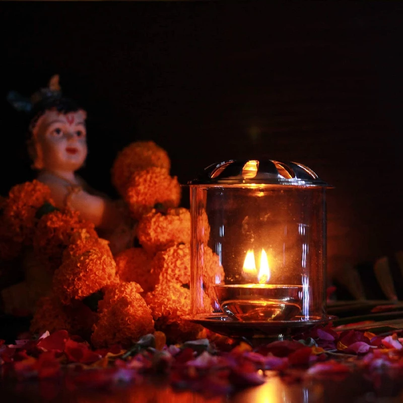Klassic Combo of Big Akhand Diya with Borosilicate Glass Shade for Mandir with one Extra Glass Shade - Image 2
