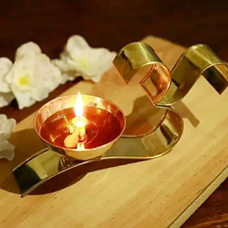 Klassic Decorative Brass Om Shape Oil Diya with Handle - Image 2
