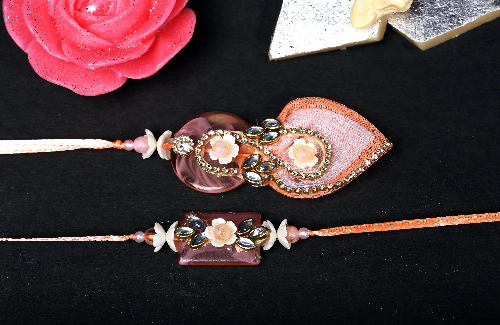 Kundan Stone Meena Work Bhaiya Bhabi Rakhi - Image 1
