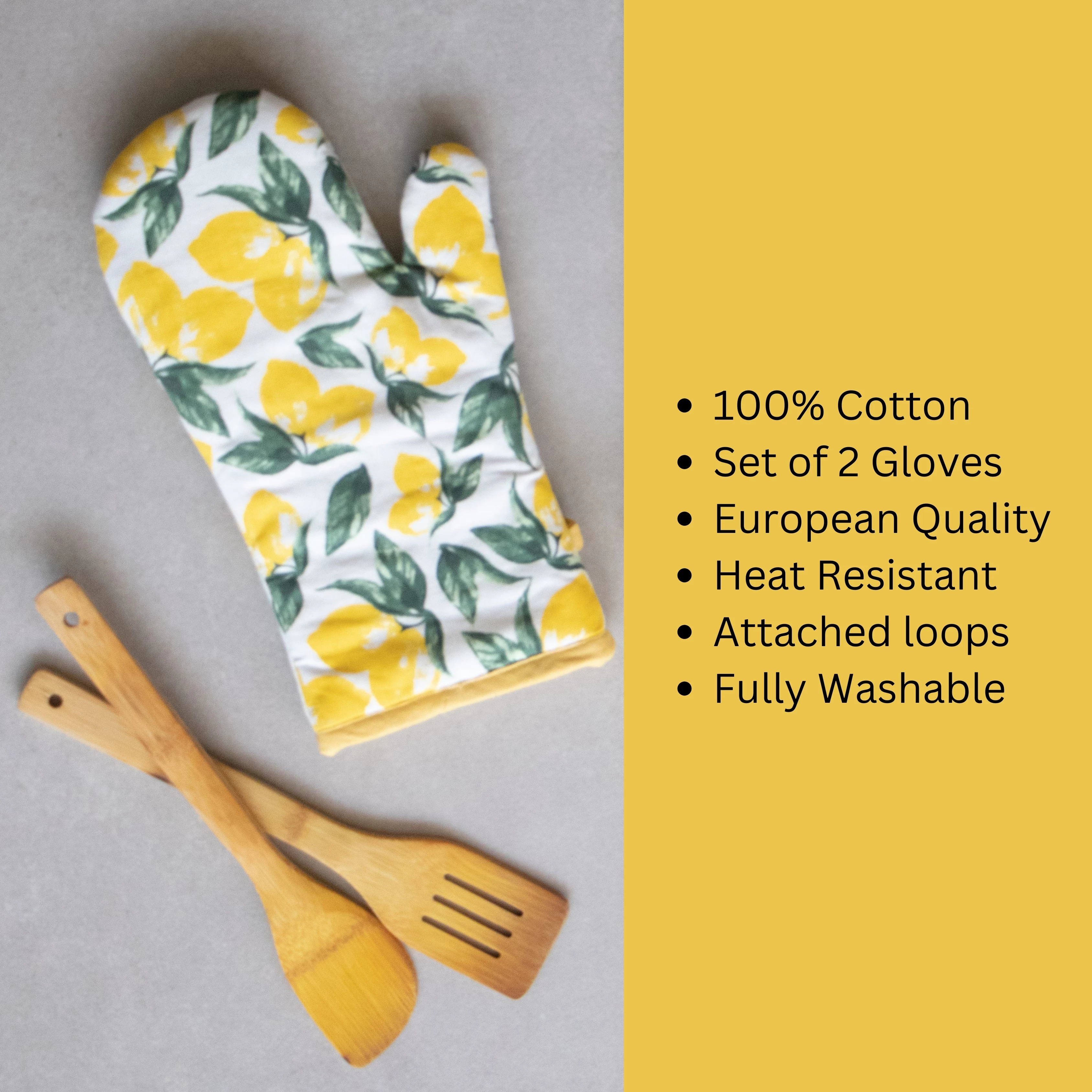 Oak & Lily Combo Set of Lemon Yellow Print Apron, Microwave Oven Mittens & Pot Holders - Image 3