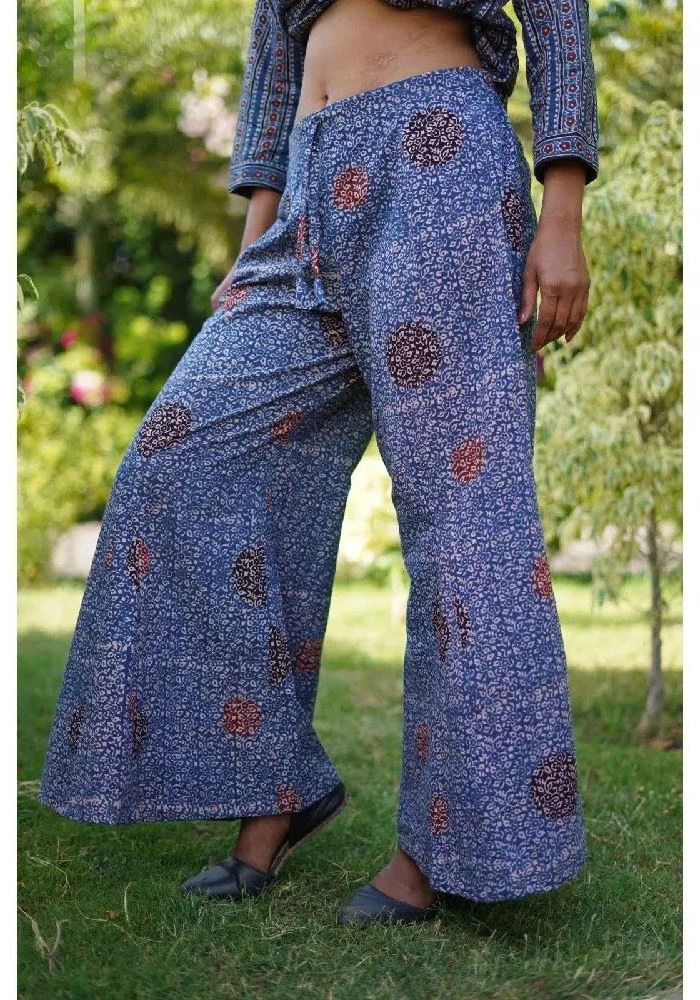 Light Blue Cotton Pants with Ajrakh Hand-Block Print