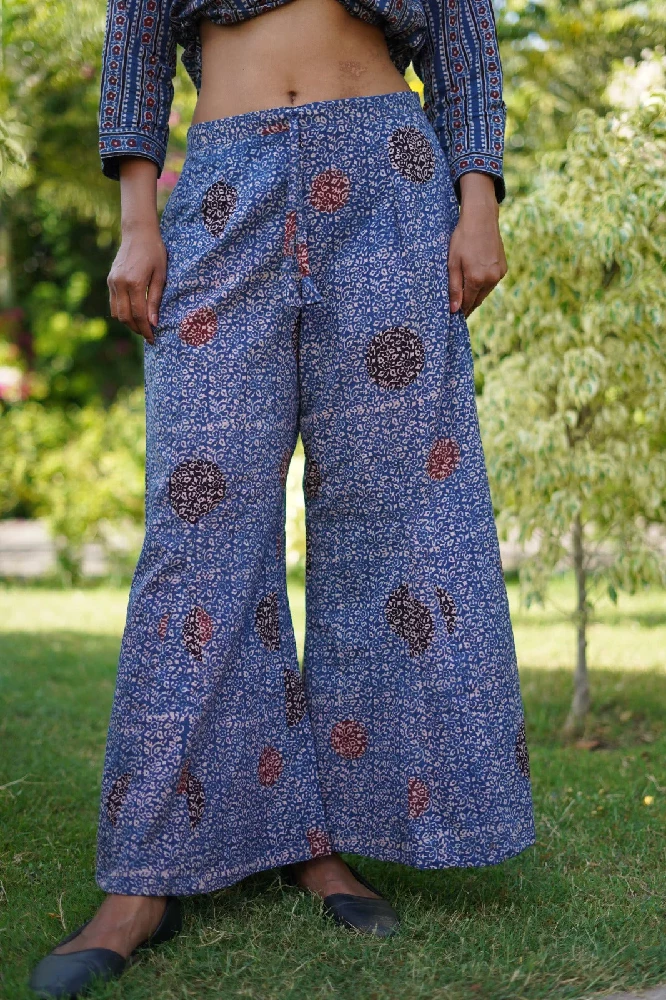 Light Blue Cotton Pants with Ajrakh Hand-Block Print - Image 2