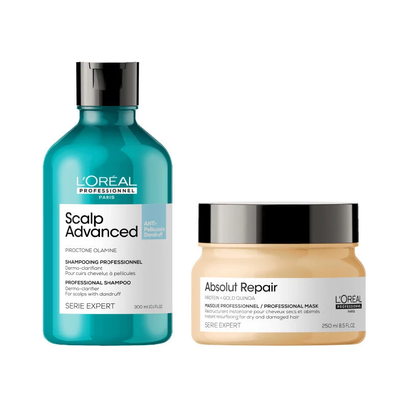 Loreal Professionnel Scalp Advanced Anti-Dandruff Dermo-Clarifier Shampoo+ Absolut Repair Hair Mask Loreal Professionnel Scalp Advanced Anti-Dandruff Dermo-Clarifier Shampoo+ Absolut Repair Hair Mask-Pack Size-550 ml