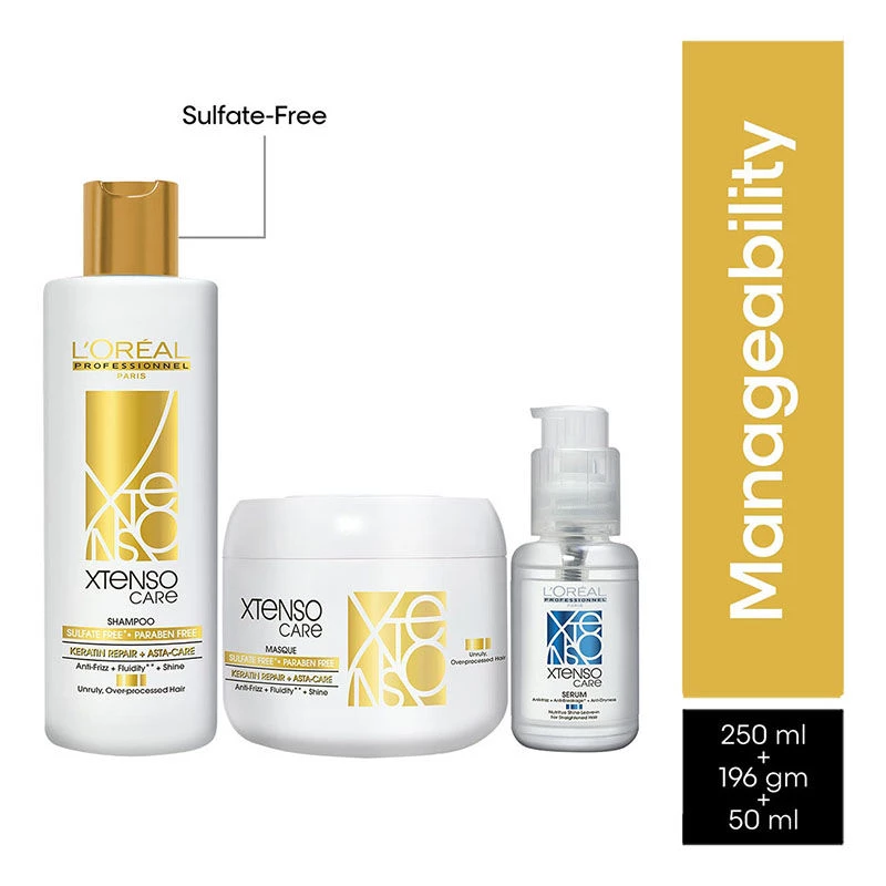 Loreal Professionnel Xtenso Care Sulfate Free Hair Care Regime With Shampoo (250ml), Masque (196ml) And Serum (50ml) Loreal Professionnel Xtenso Care Sulfate Free Hair Care Regime With Shampoo (250ml), Masque (196ml) And Serum (50ml)-Pack Size-Combo of 3