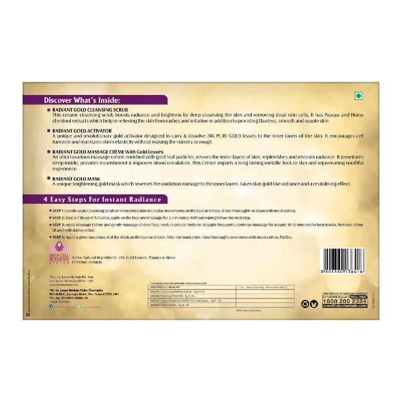 Lotus Herbals Radiant Gold Cellular Glow Facial Kit (Single Use) - Image 2