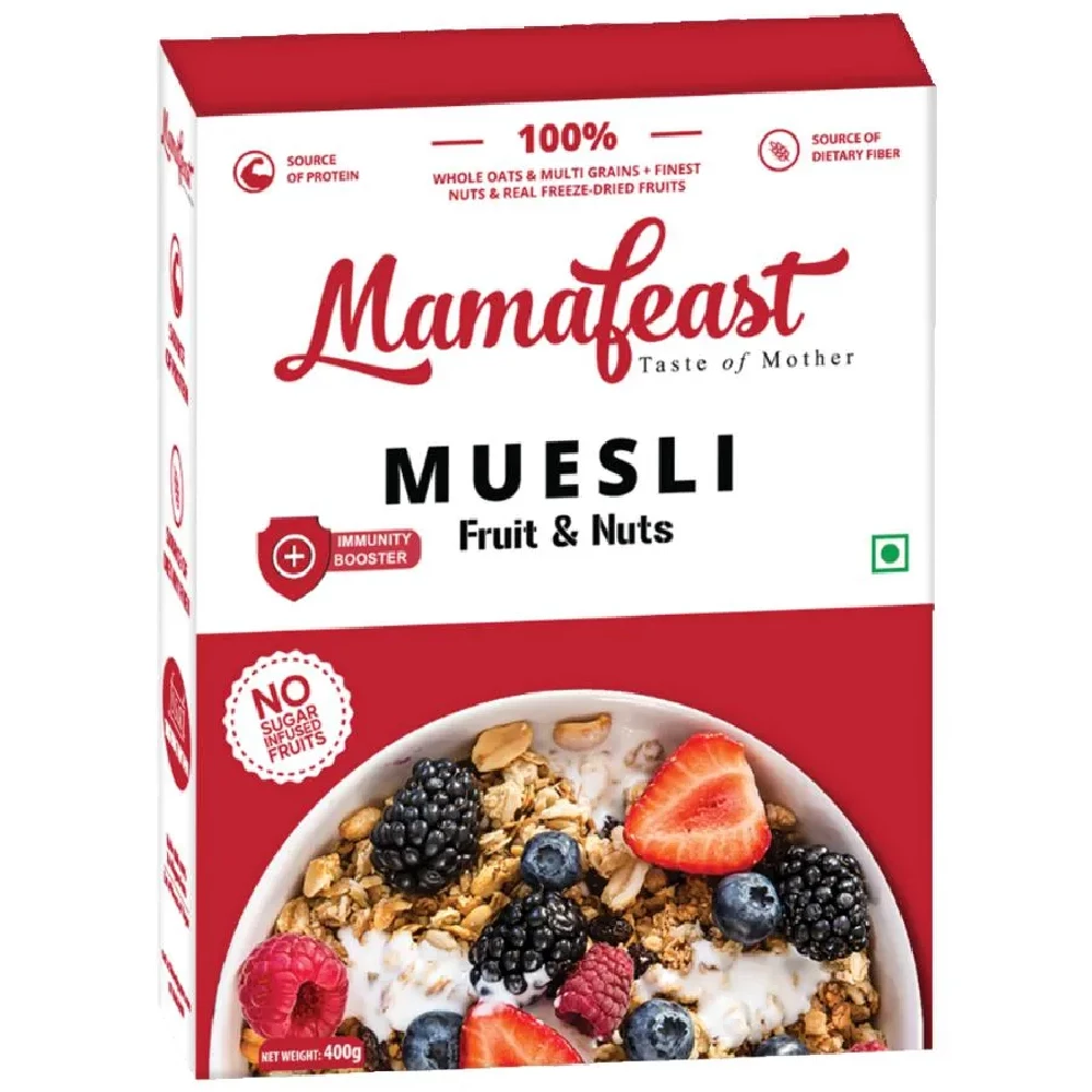 MAMAFEAST Muesli Fruit & Nuts - Whole Oats, Multigrain, Protein & Fibre Rich, Healthy Breakfast MAMAFEAST Muesli Fruit & Nuts - Whole Oats, Multigrain, Protein & Fibre Rich, Healthy Breakfast--400 g Box