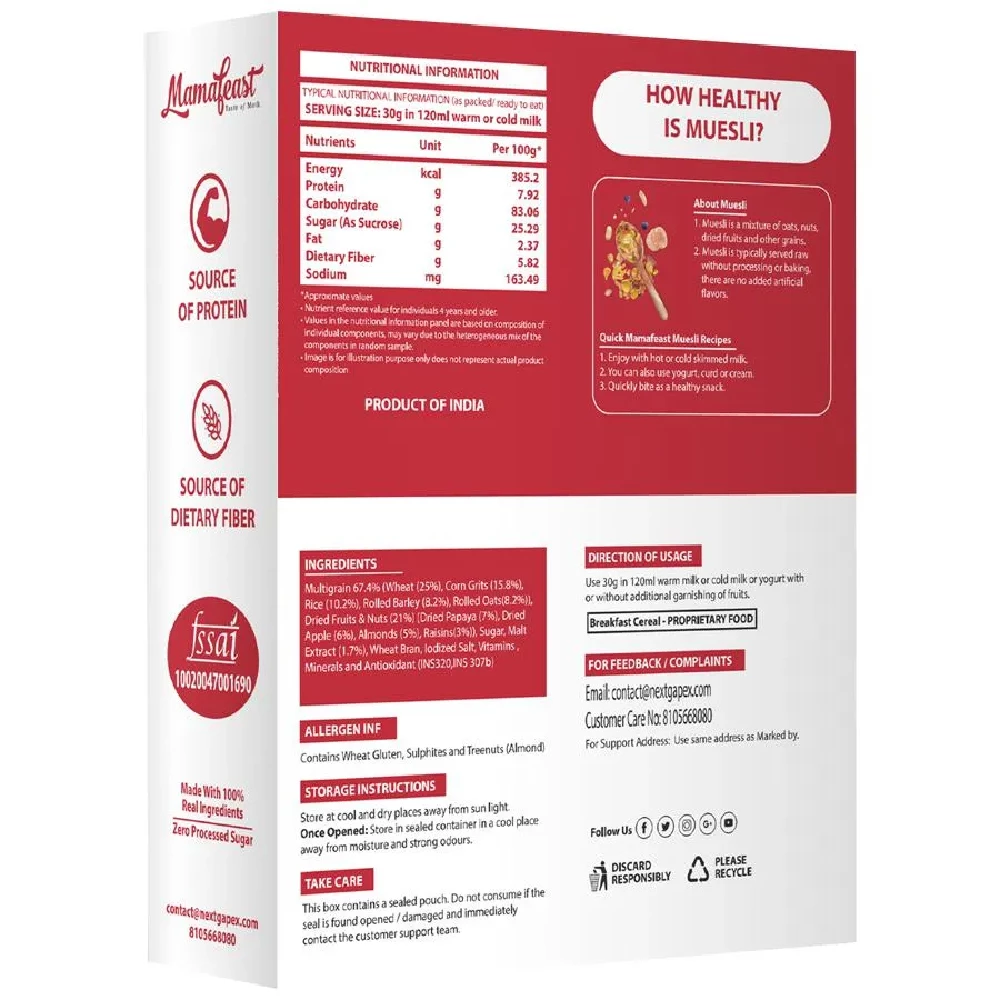 MAMAFEAST Muesli Fruit & Nuts - Whole Oats, Multigrain, Protein & Fibre Rich, Healthy Breakfast - Image 2